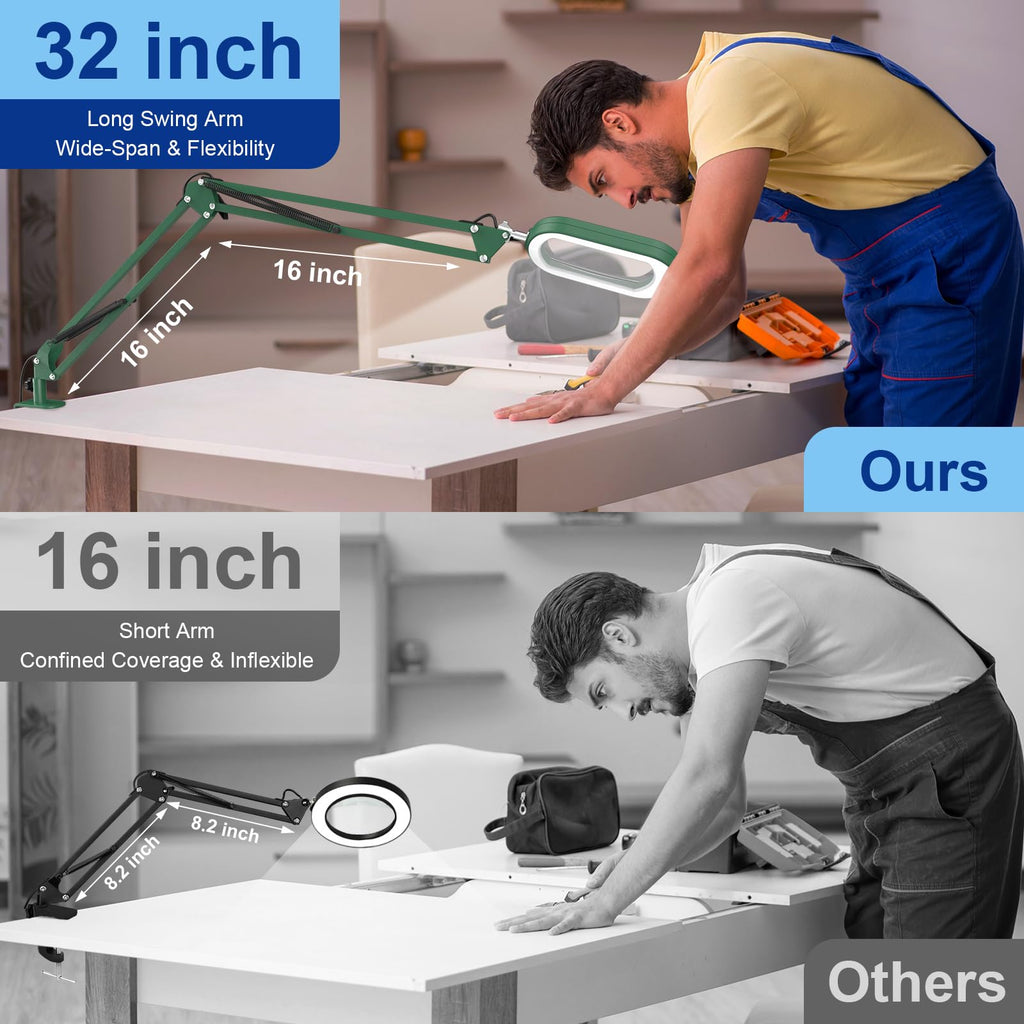 16" Extra Long Magnifying Glass with Light and Clamp, Real Glass, 5 Color Modes, Stepless Dimmable, Lighted Magnifier with Stand Hands Free, LED Swing Arm Desk Lamp for Close Work, Craft, Red