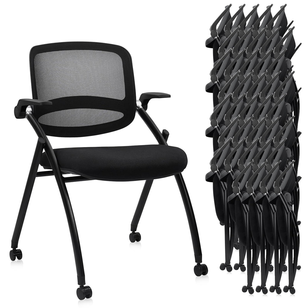 40 Pack, Stackable & Foldable Chairs with Flip Up Armrests, Reception Guest Chairs with Wheels, Ergonomic Curved Mesh Back Folding Chair for Office Meeting Schools Conference Waiting Room