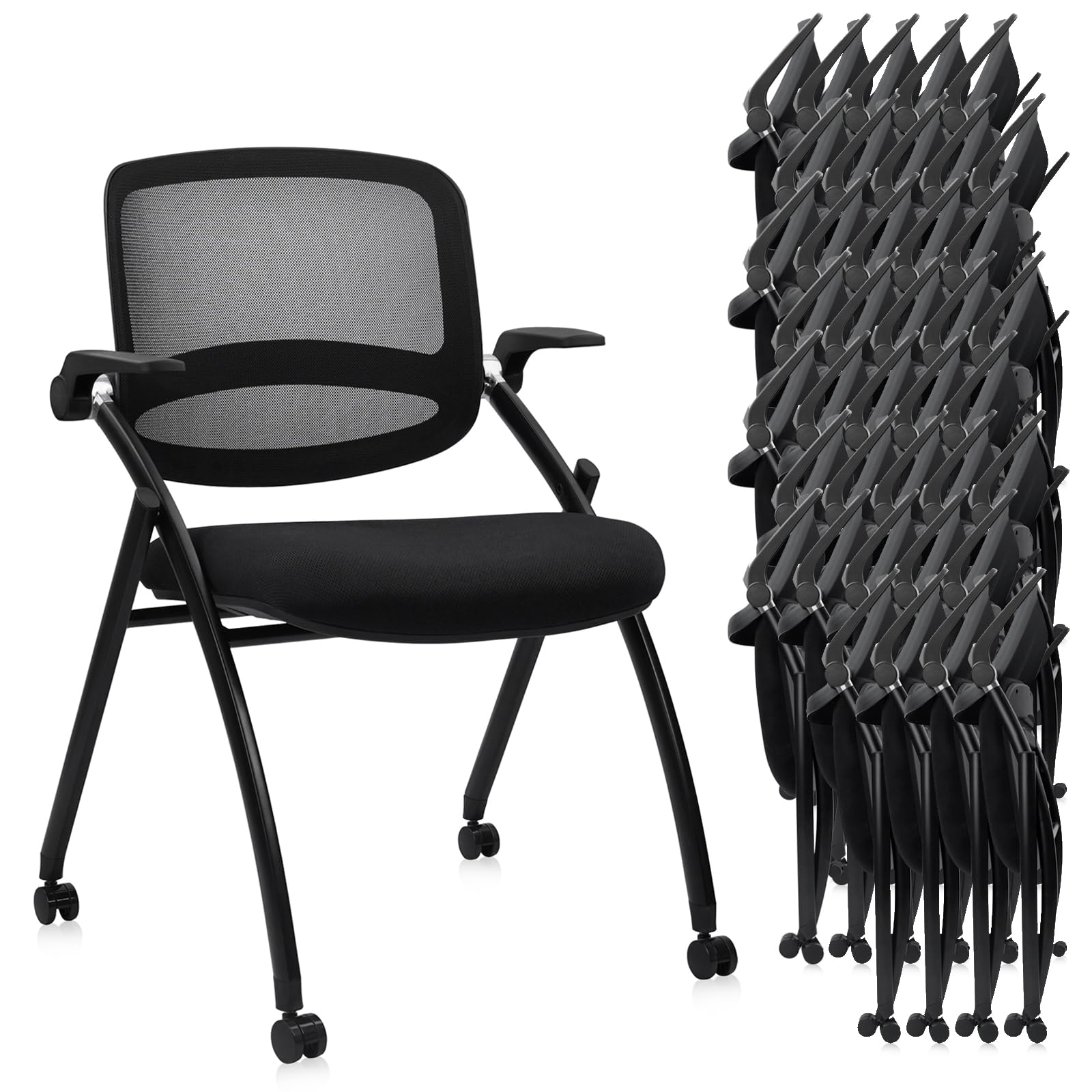 40 Pack, Stackable & Foldable Chairs with Flip Up Armrests, Reception Guest Chairs with Wheels, Ergonomic Curved Mesh Back Folding Chair for Office Meeting Schools Conference Waiting Room