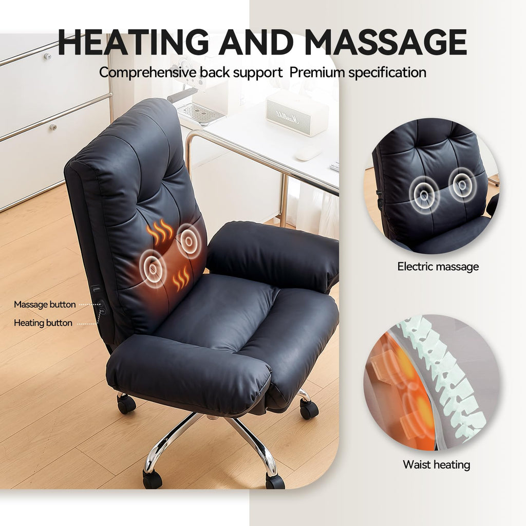 Heated and Massage Office Chair with Foot Rest Criss Cross Chair with Wheels and Flip-up Arms Reclining Desk Chair Comfy Wide Seat PU Leather Rolling Computer Home Office Chair (Black)