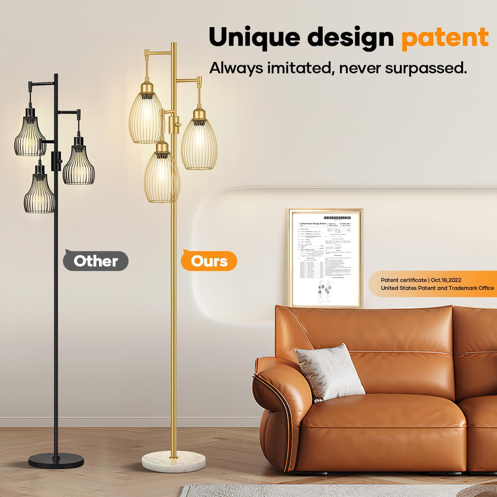 Floor Lamp,3x800LM LED Bulbs Included, Farmhouse Industrial Floor Lamp Standing Tree Lamp with Teardrop Cage Head Tall Lamp for Living Room Bedroom Office Dining Room - Gold & Marble Base