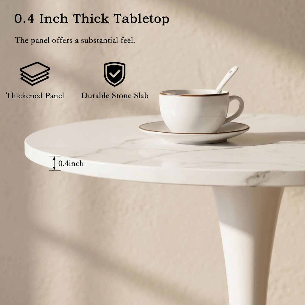 Sybrioka 27.6" Marble Round Tulip Table, Mid-Century Modern Style Dining Table with White Pedestal Base for 2-4 People, Featuring A Marble Tabletop for Kitchen, Dining Room, Cafe (White)