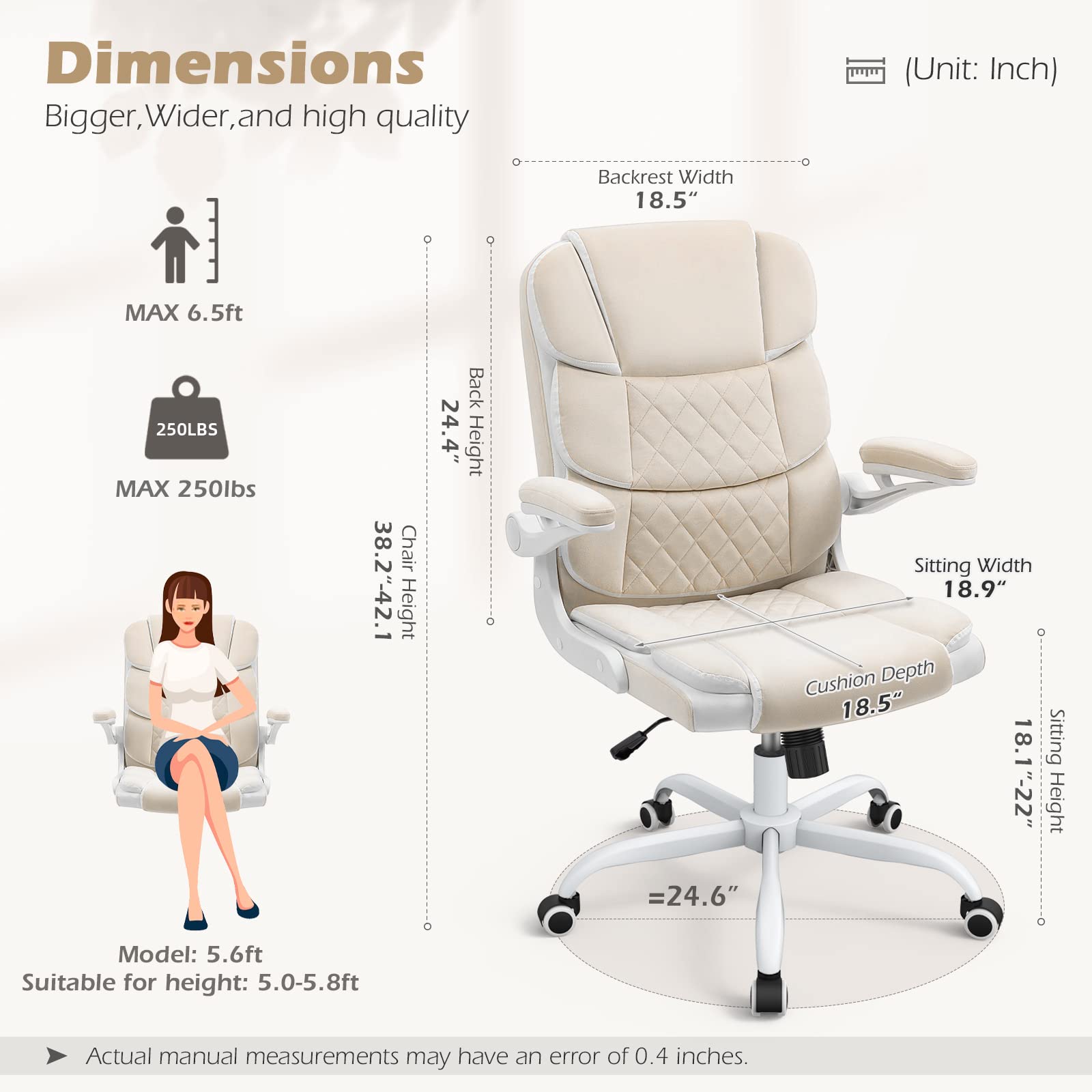 Office Chair Velvet Fabric Ergonomic Executive Computer Desk Chairs Small Cute Rolling Task Chairs for Teens&Adults,Beige