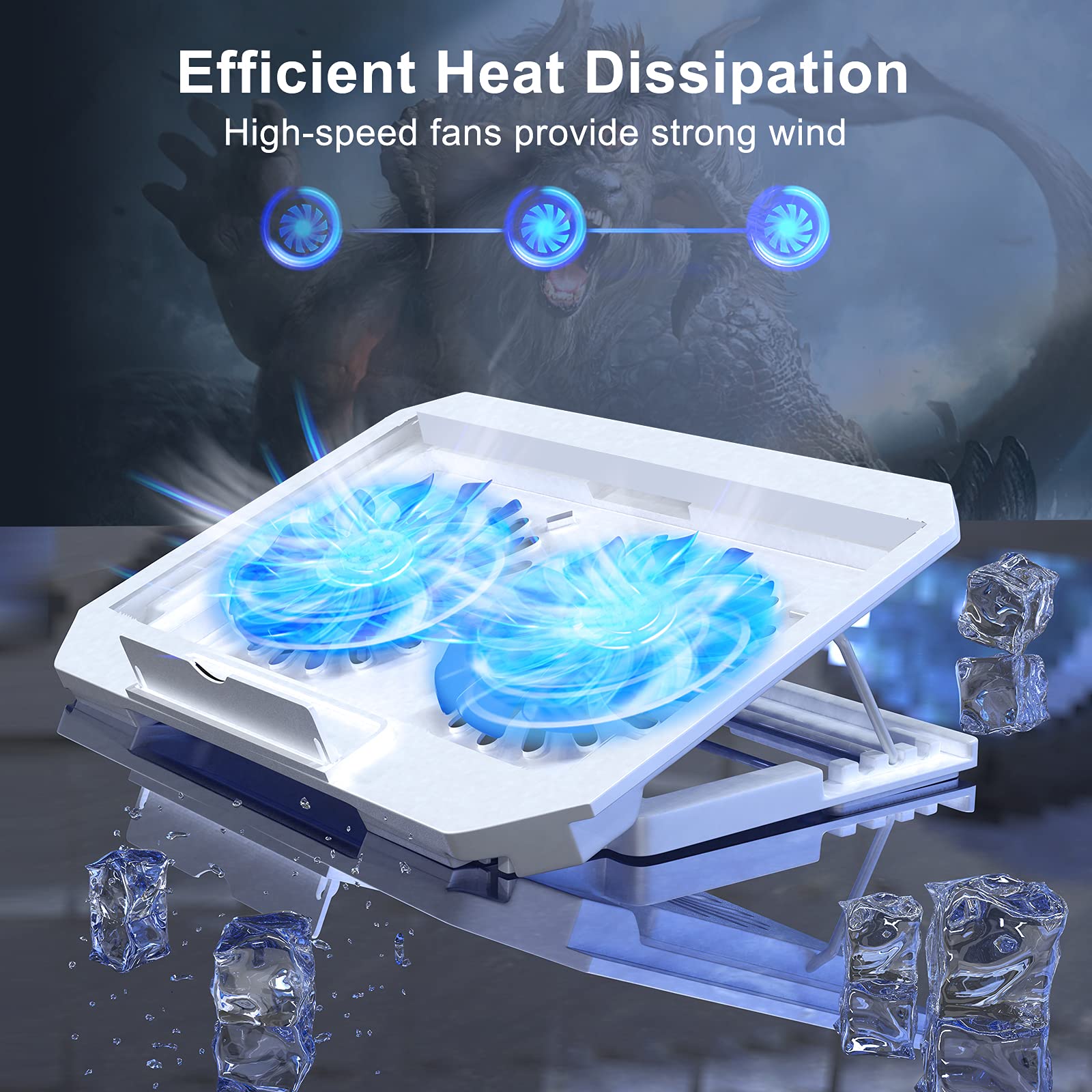 Laptop Cooling Pad with Adjustable Height Two 5.1 Inches Fan 2 USB Ports Suitable for 12"-15.6" Laptops（White）