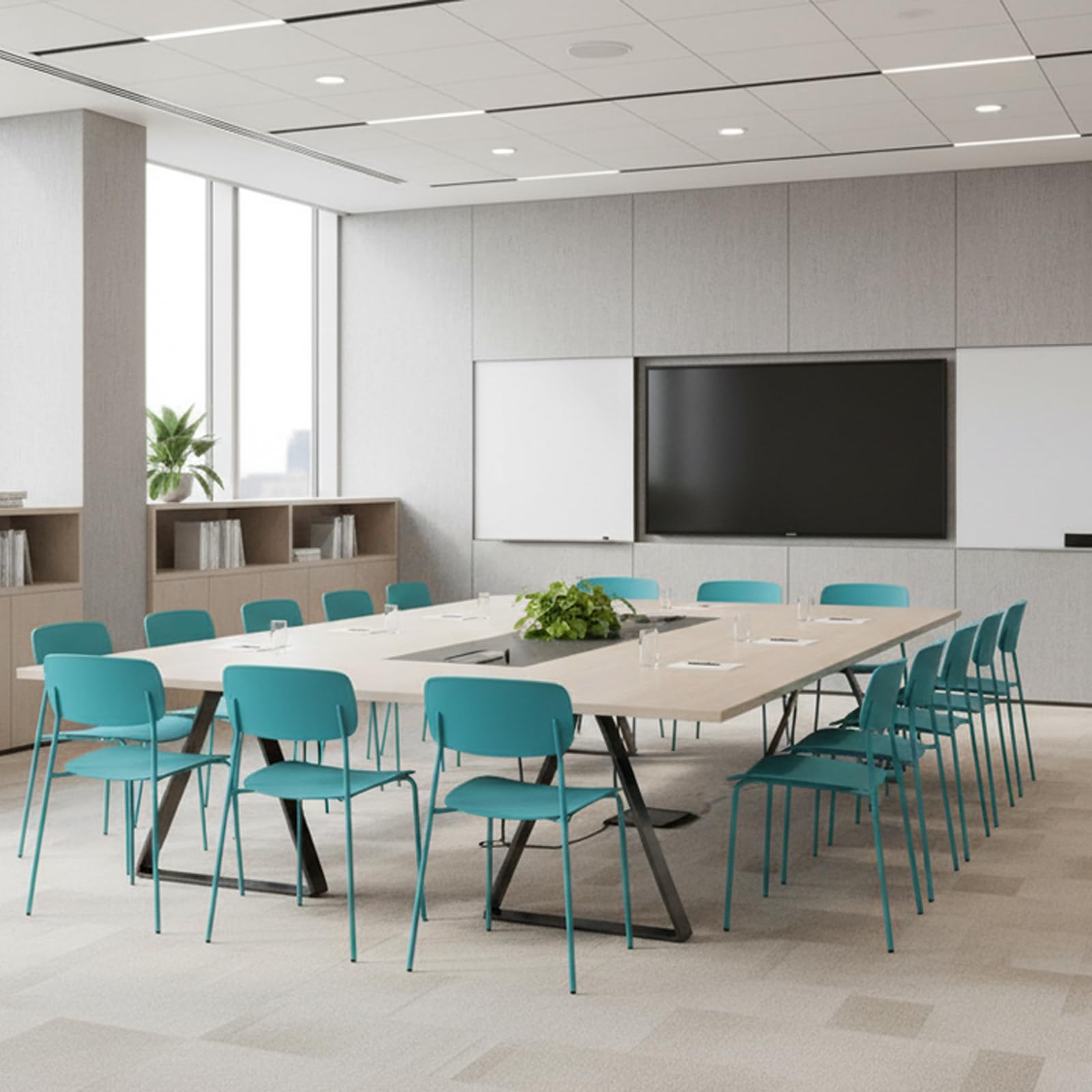Armless Stacking Chairs Set of 4, Office Waiting Room Chairs with Metal Legs and Ergonomic Plastic Seat, Metal Chairs Set of 4 for Conference Reception Dining Room, Blue