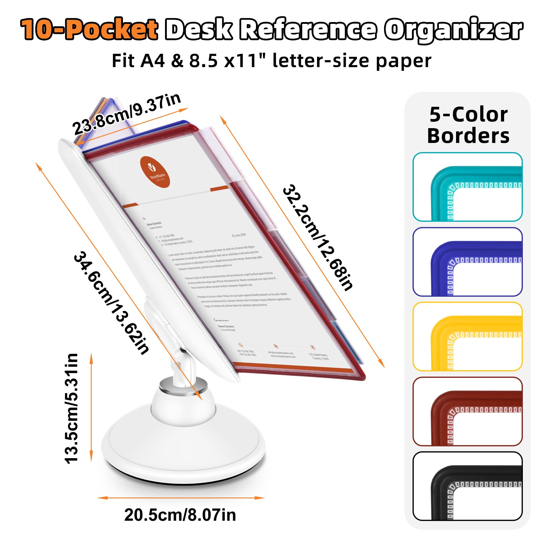 10-Pocket Desktop Reference & Display System with 360° Adjustable Base, Fast Flip & Find Desk Reference Organizer, A4/Letter Size 10 Double-Sided Panels with 5-Color Borders & Index Tabs, White