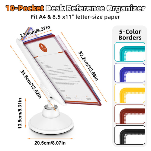 10-Pocket Desktop Reference & Display System with 360° Adjustable Base, Fast Flip & Find Desk Reference Organizer, A4/Letter Size 10 Double-Sided Panels with 5-Color Borders & Index Tabs, White