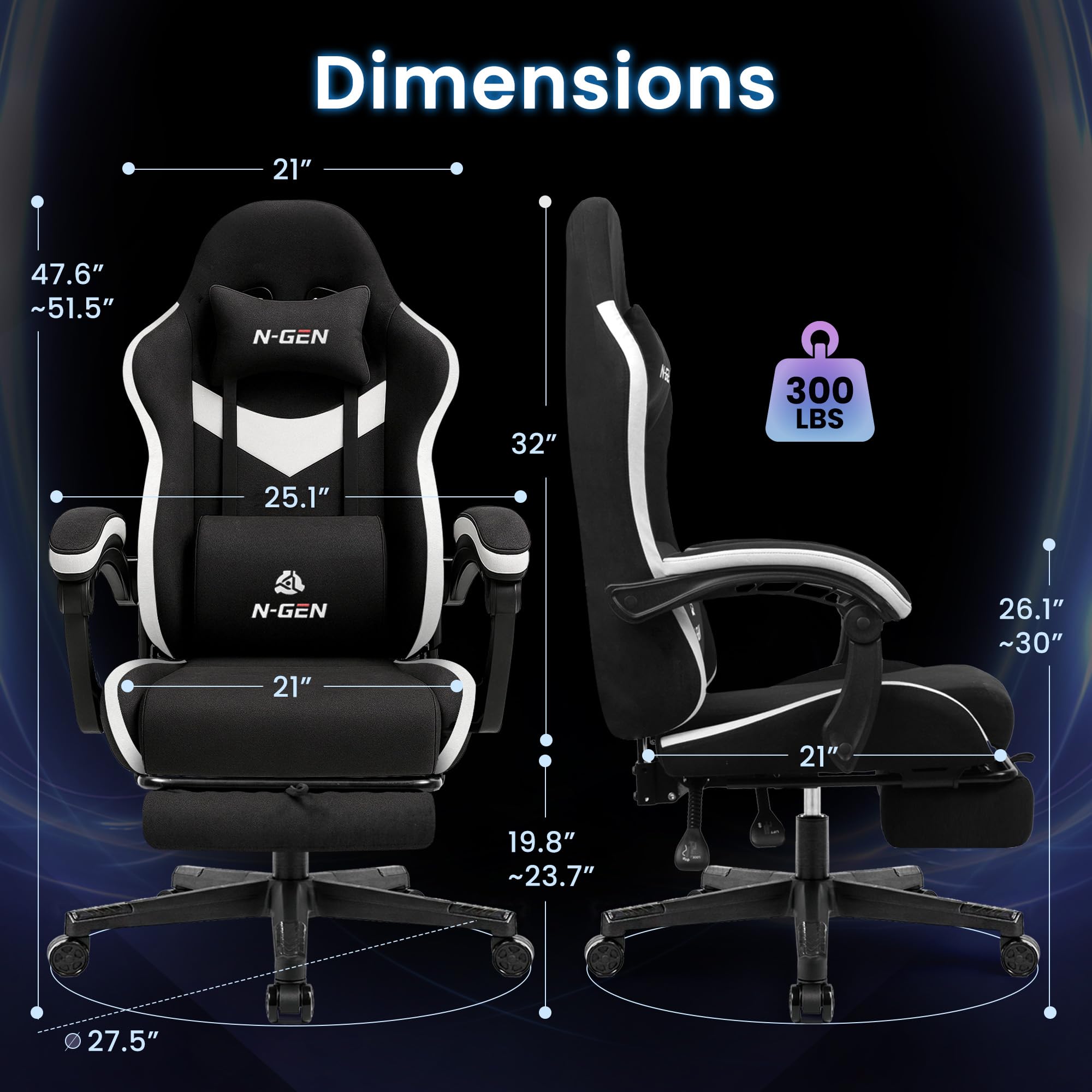 Gaming Chair with Footrest Lumbar Support for Home Office High Back Recliner Height Adjustable Ergonomic Comfy Fabric Computer Desk Chair (Black)