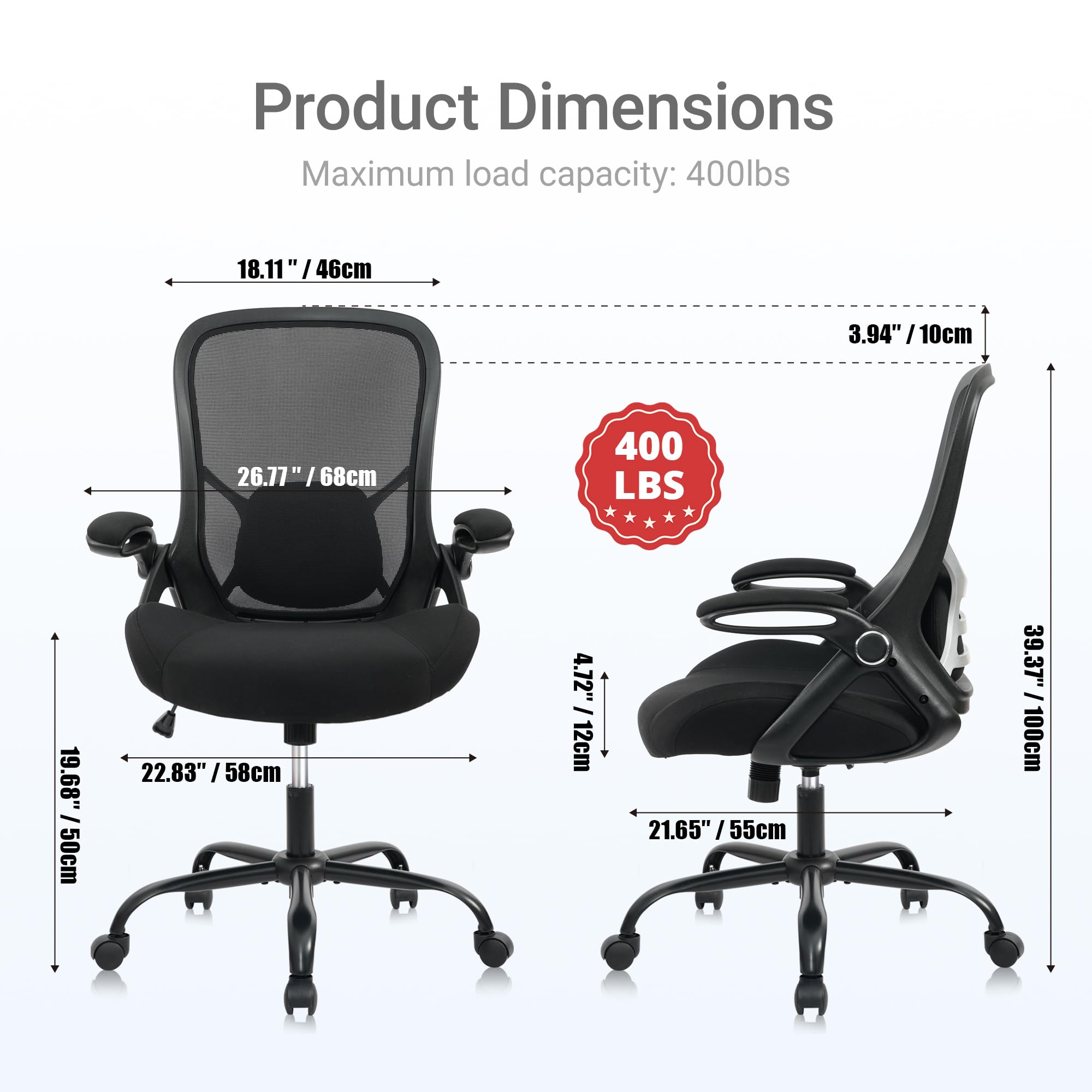 Big and Tall 400lbs Heavy Duty Office Chair, 5" Thickened Seat Ergonomic Desk Chair with Adjustable Armrests, Home Office Computer Chairs for Long Hours Mesh Executive Chair(Black)