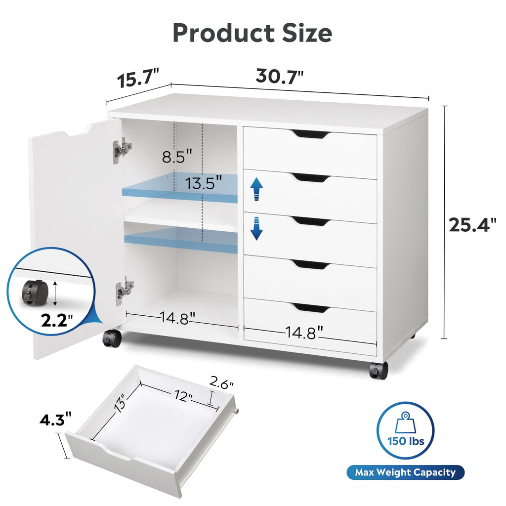 5-Drawer Wood Drawer Cabinet, Office Storage Cabinet, White