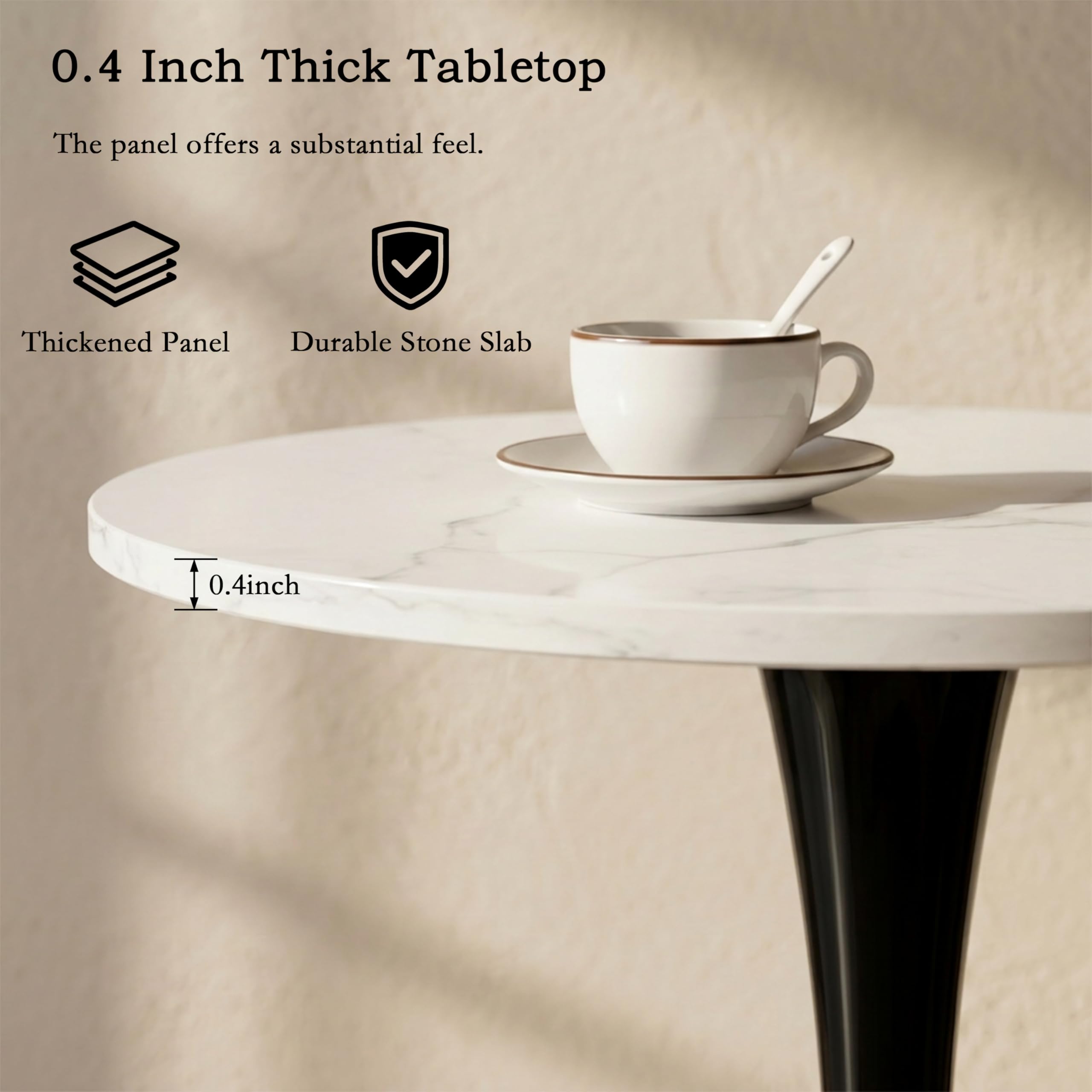 Sybrioka 27.6" Marble Round Tulip Table, Mid-Century Modern Style Dining Table with Black Pedestal Base for 2-4 People, Featuring A Marble Tabletop for Kitchen, Dining Room, Cafe (White)