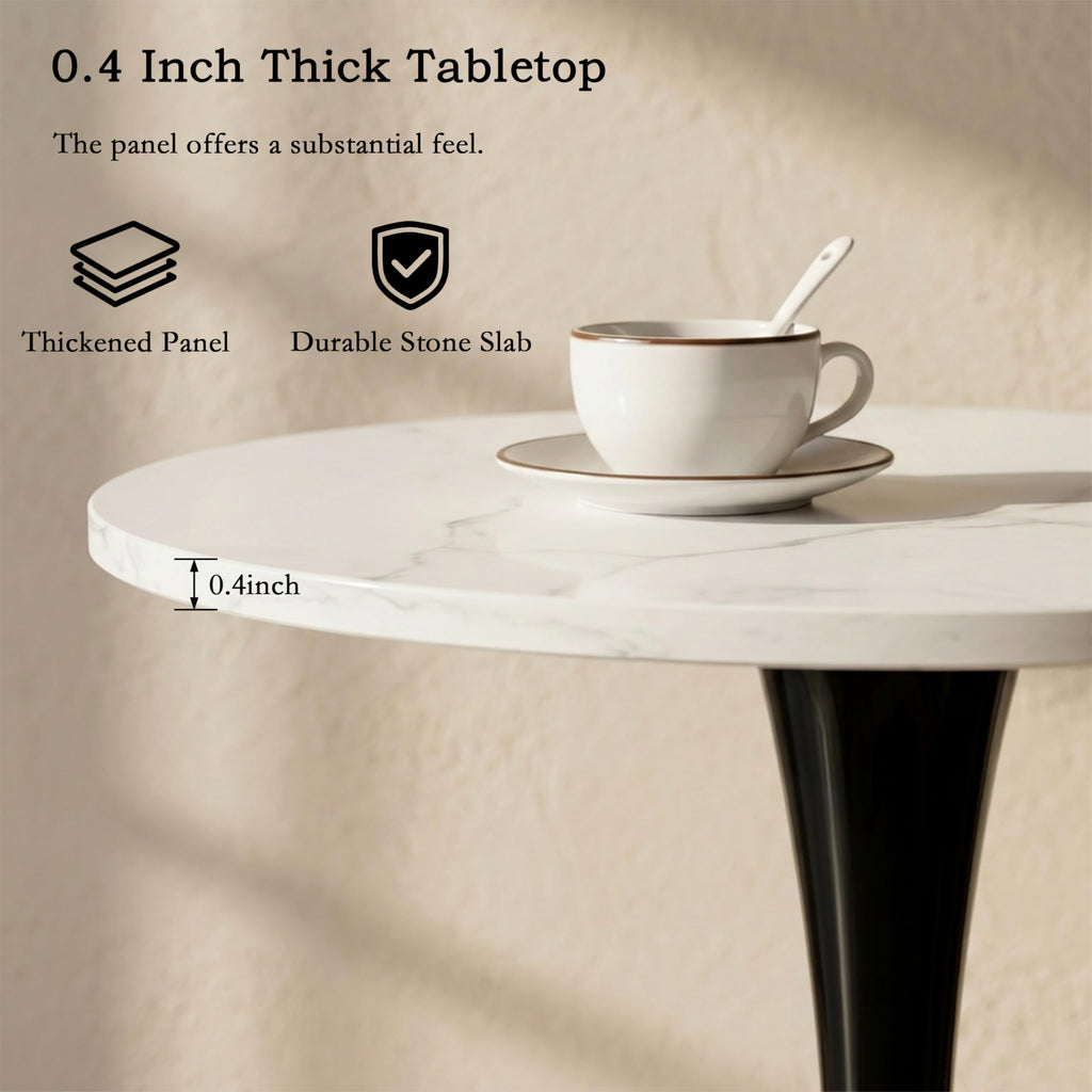 Sybrioka 27.6" Marble Round Tulip Table, Mid-Century Modern Style Dining Table with Black Pedestal Base for 2-4 People, Featuring A Marble Tabletop for Kitchen, Dining Room, Cafe (White)