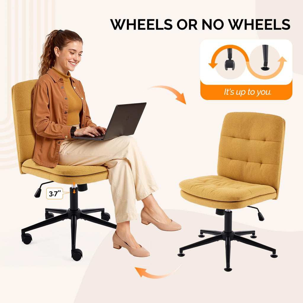 Mid Back Armless Office Desk Chair with Wheels/no Wheels,360°Rocking Swivel Vanity Chair with Thickened Cushion,Adjustable Height Rolling for Reading Room, Make up, Linen Ginger Yellow