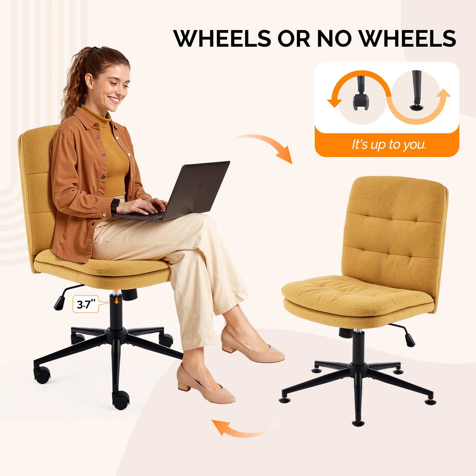 Mid Back Armless Office Desk Chair with Wheels/no Wheels,360°Rocking Swivel Vanity Chair with Thickened Cushion,Adjustable Height Rolling for Reading Room, Make up, Linen Ginger Yellow