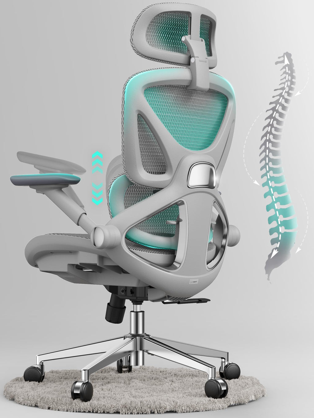 Ergonomic Mesh Office Chair, Adjustable Lumbar High Back Desk Chair 400lbs, 4D Flip-up Arms, 3 Tilt Backrest, 3D Headrest, PU Wheels, Swivel Rolling Computer Seating for Long Desk Work - Grey