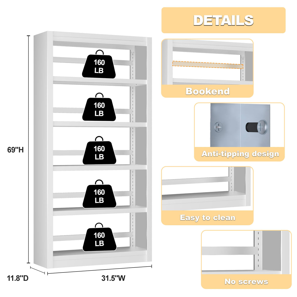5 Tier Metal Bookcase,69'' Tall Heavy Duty Bookshelf with Open,White Large Adjustable Bookshelves,Sturdy Modern Heavy Duty Display Bookcases for Library,Office,Study Room,Living Room