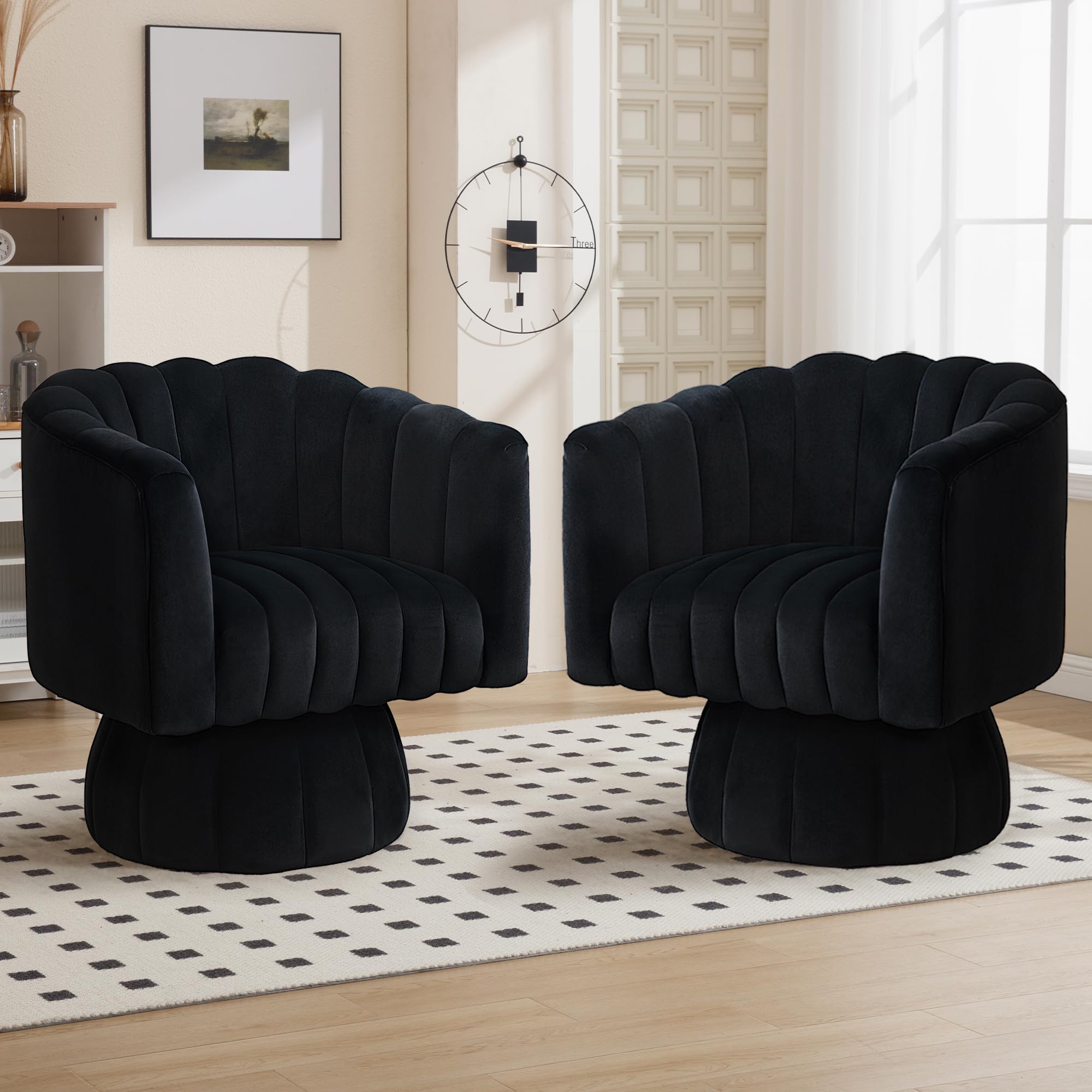 Swivel Accent Barrel Chair Set of 2- Cute Comfy Small Round 360° Arm Chair Velvet Sofa Club Reading Chair for Office Living Room Bedroom Black