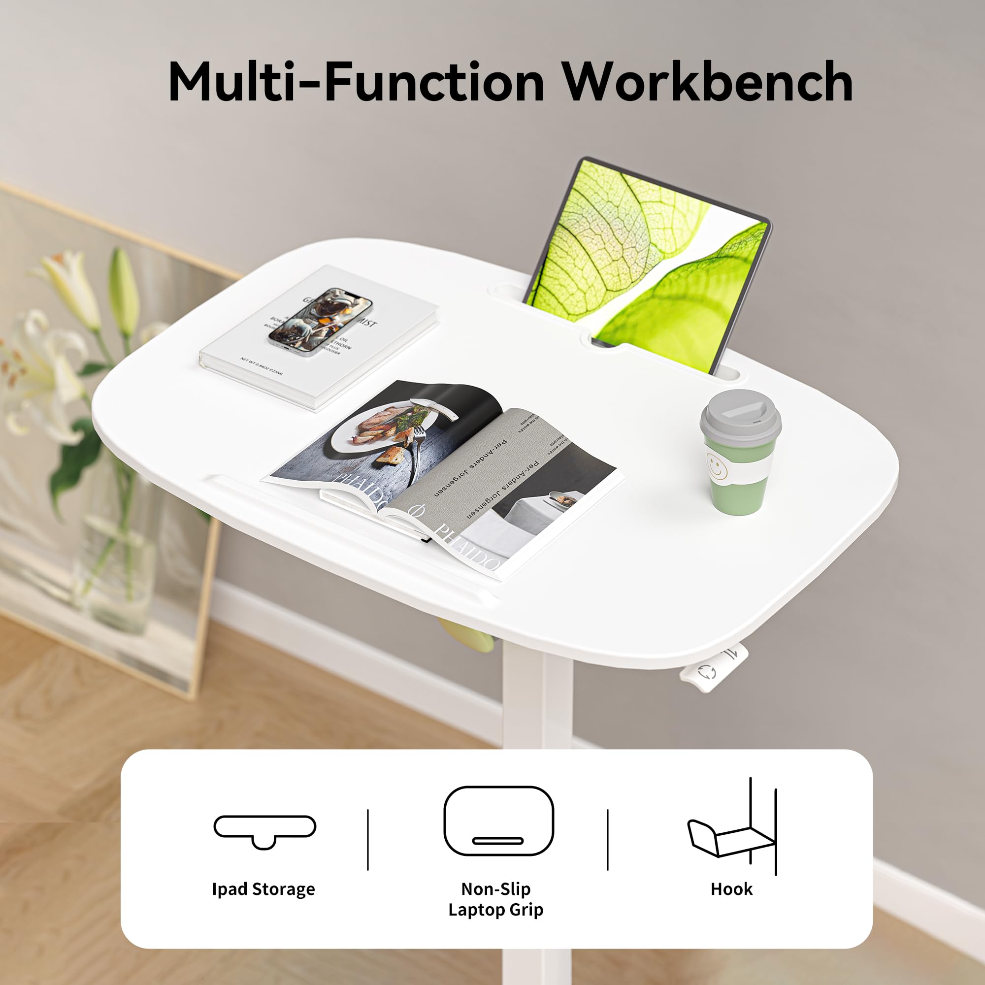 Foldable Pneumatic Height Adjustable Mobile Standing Desk with 90° Tiltable Tabletop, 27.2x18.9 Inch Portable Laptop Desk with Wheels, Holds Up to 66.1lbs for Home Office, Study, White