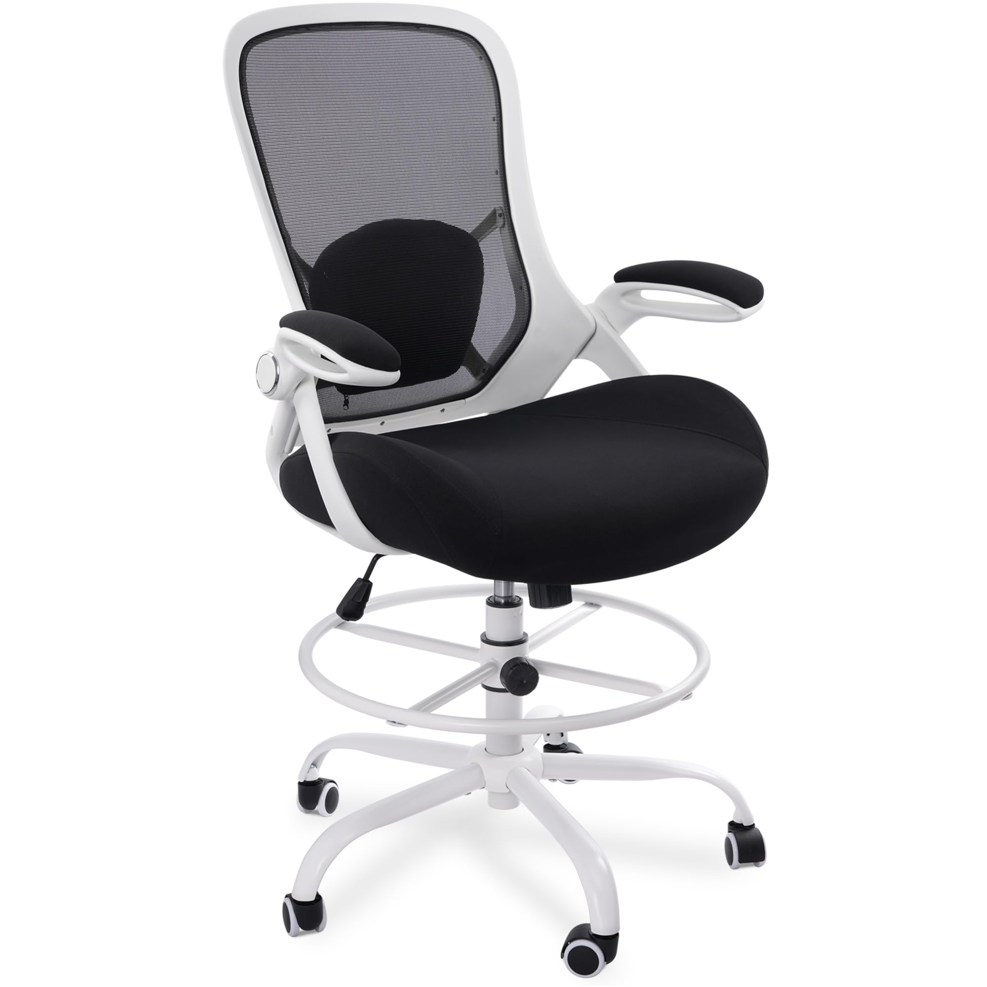 400lbs Heavy Duty Drafting Chair 5" Thickened Seat Office Chair with Flip-Up Armrests Tall Ergonomic Computer Chair with Lumbar Support and Adjustable Footrest Ring Standing Desk Chair (Black)