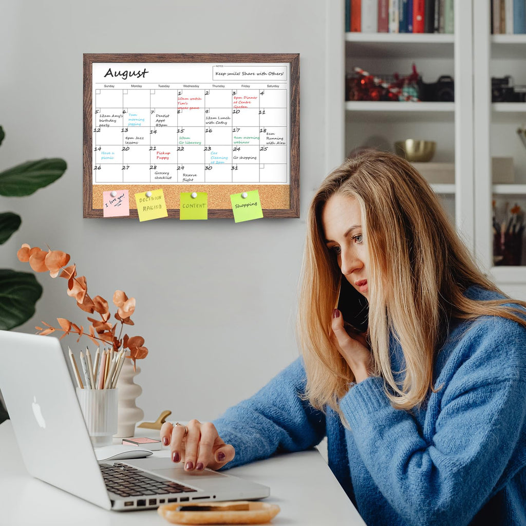 Calendar Whiteboard for Wall, 17x13 Inches White Board Calendar Dry Erase, Small Magnetic White Board with Wood Frame, Hanging Dry Erase Board for Kitchen Home Office School Planner