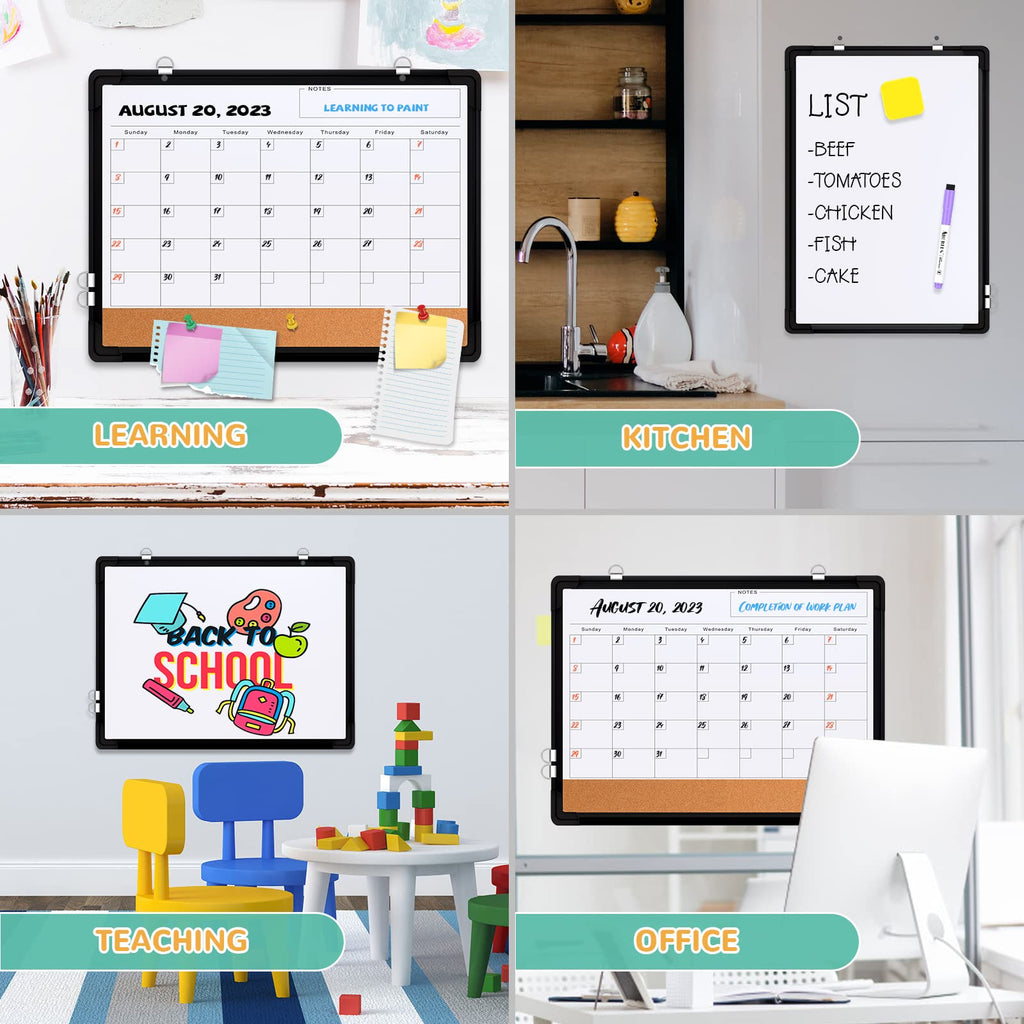 Monthly Calendar Whiteboard for Wall, 17x13 Inches Dry Erase Board with Cork Board Combo, Small Magnetic White Board, Double-Sided Hanging Portable Board for Office School Home Kitchen Planner, Black