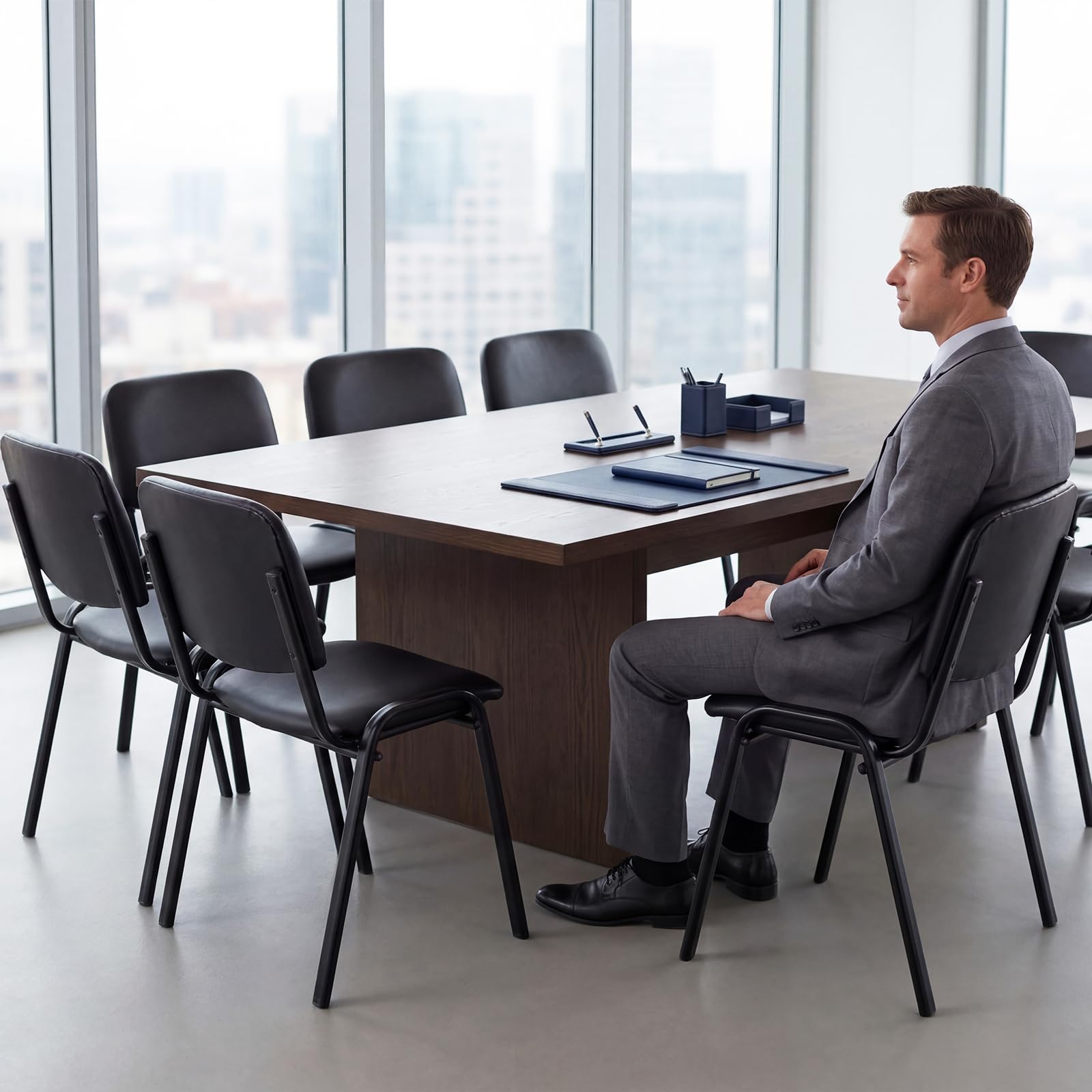 Set of 20, Black PU Leather, Stackable Office Guest Chairs, Reception Waiting Room Chairs with Padded Seat & Back, Armless No Wheels Conference Chairs for Training, Meeting, Event