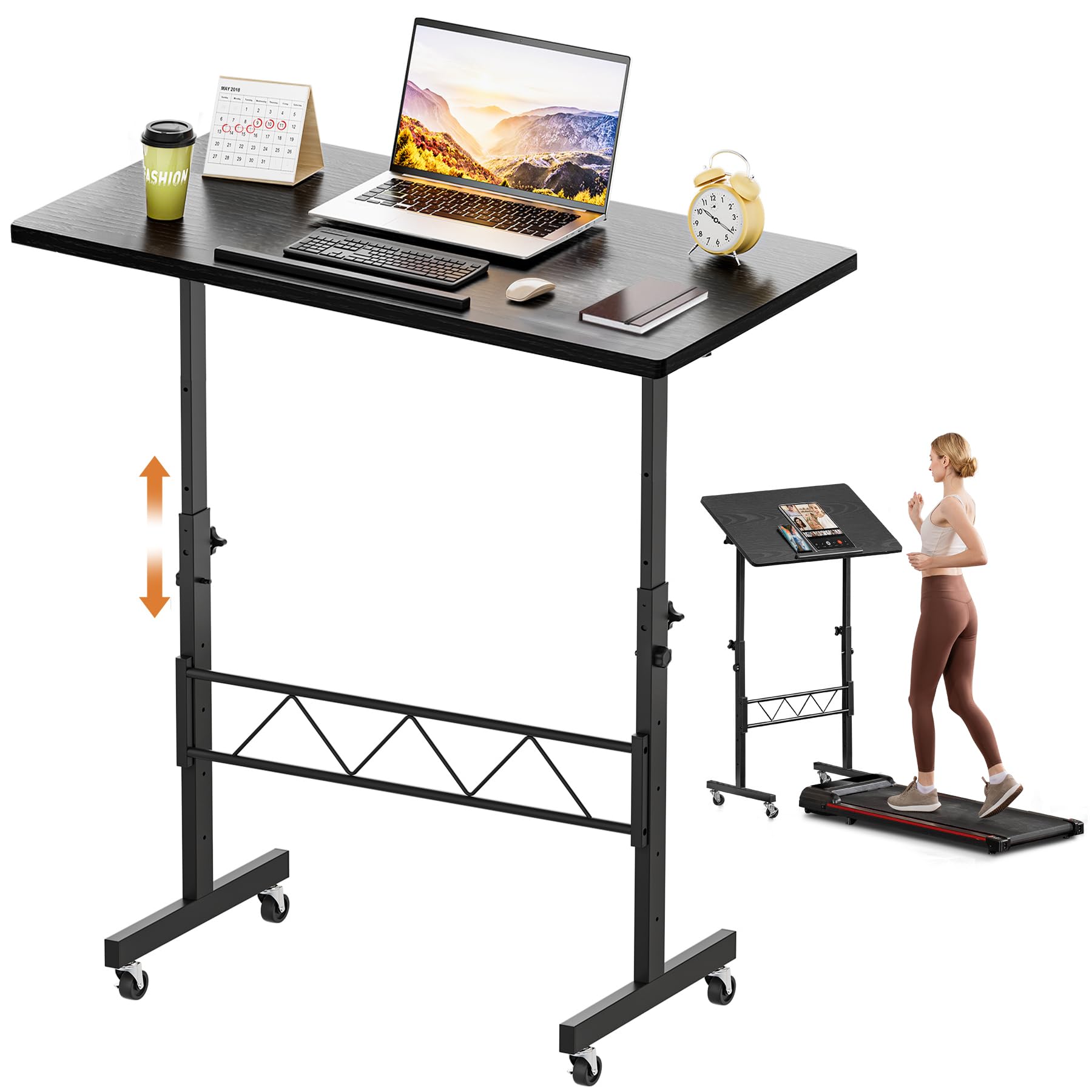 Standing Desk Adjustable Height & Tiltable Tabletop, Portable Stand Up Desk for Laptop, Mobile Folding Desk for Home Office Work and Walking Pad Treadmill, Height 30.7"-46.4", Black