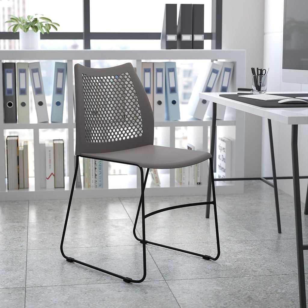HERCULES Series 661 lb. Capacity Gray Stack Chair with Air-Vent Back and Black Powder Coated Sled Base