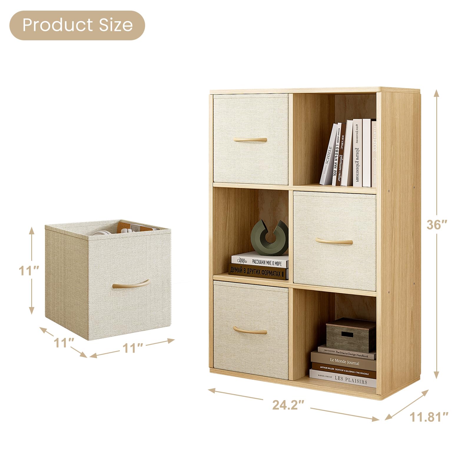 6 Cube Storage Organizer - Solid Wood Bookshelf with 3 Storage Bins, Cube Shelf with 2 Removable Back Panels, Vertical or Horizontal Bookcase, Open Book Shelf for Bedroom, Living Room, Office