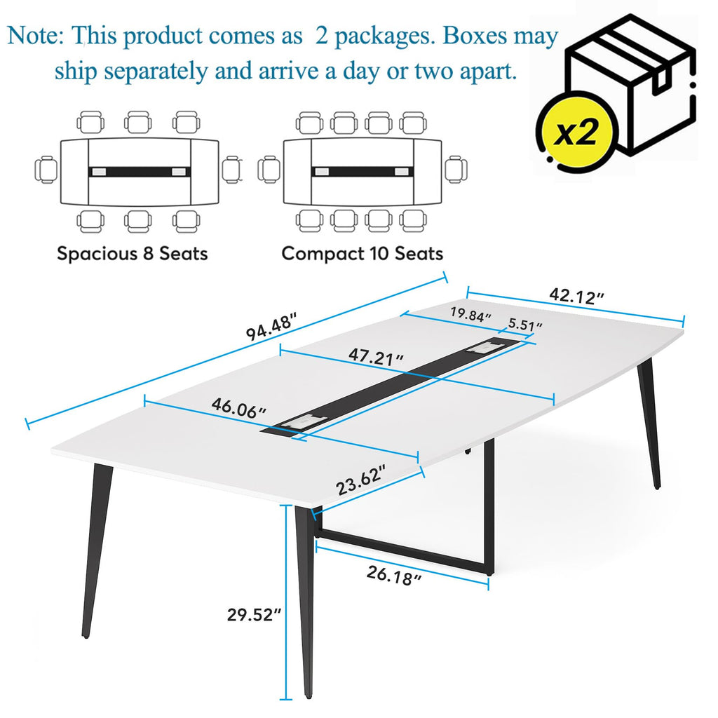 8FT Conference Table, 94.48L x 47.21W x 29.52H Inches Boat Shaped Meeting Table with Rectangle Grommet, Modern Seminar Table for Office Meeting Conference Room (White & Black, 8ft)