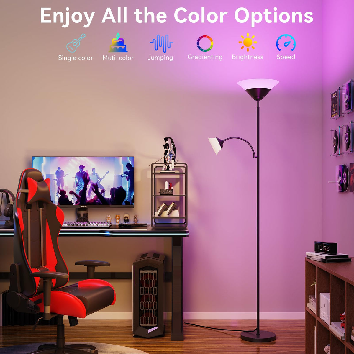 RGB Torchiere Floor Lamp, 2-in-1 Dimmable Standing Lamp with Remote & Button Control, 34W 360° Rotatable LED Reading Lamp, 72" Modern Tall Corner Lamp for Bedroom, Living Room, Office, Black