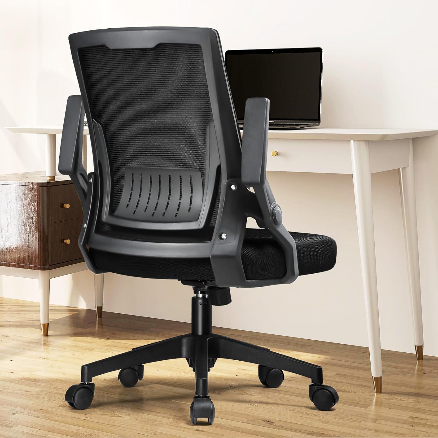Office Chair with Flip-up Armrests Ergonomic Computer Desk Chair with Adaptive Lumbar Support & Breathable Mesh, Black, Pack of 2