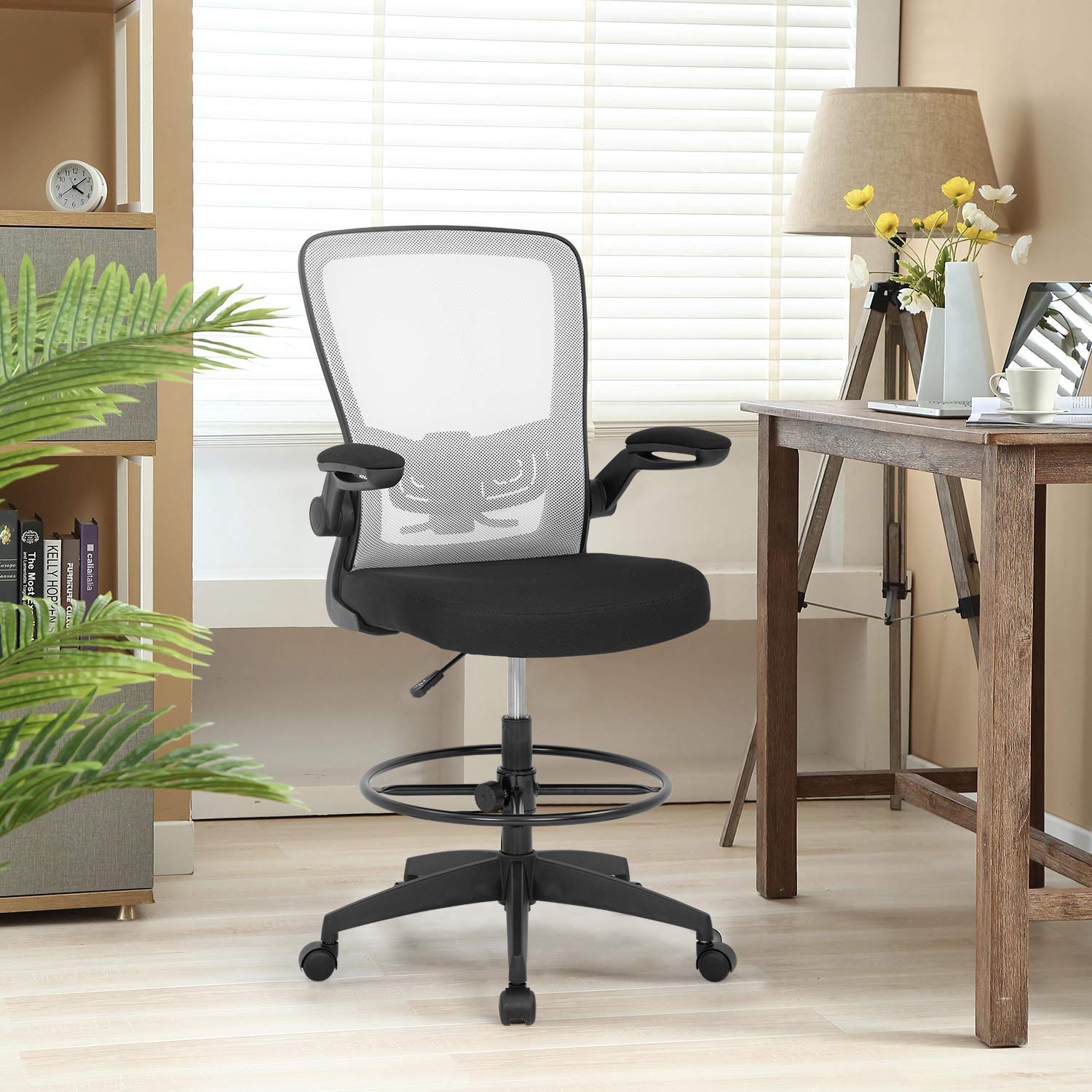 Drafting Chair Tall Office Chair Adjustable Height with Lumbar Support Arms Footrest Mid Back Standing Desk Chair with Swivel Rolling Mesh Stool White