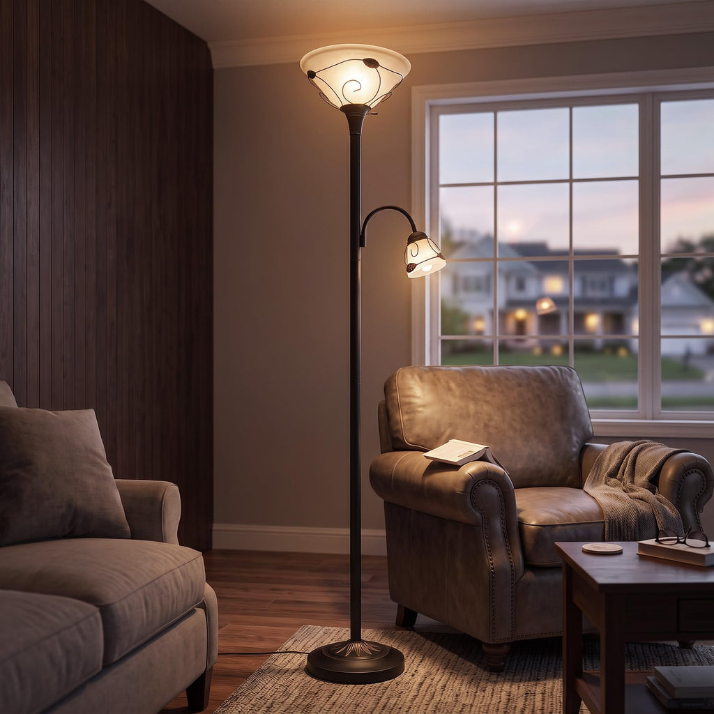 Torchiere Floor Lamp with Side Reading Light, 3-Way Switch Combo Antique Bronze Mother Daughter Floor Lamp with Glass Shade, 71" Desk Floor Lamp for Living Room Corner Bedroom Home Office