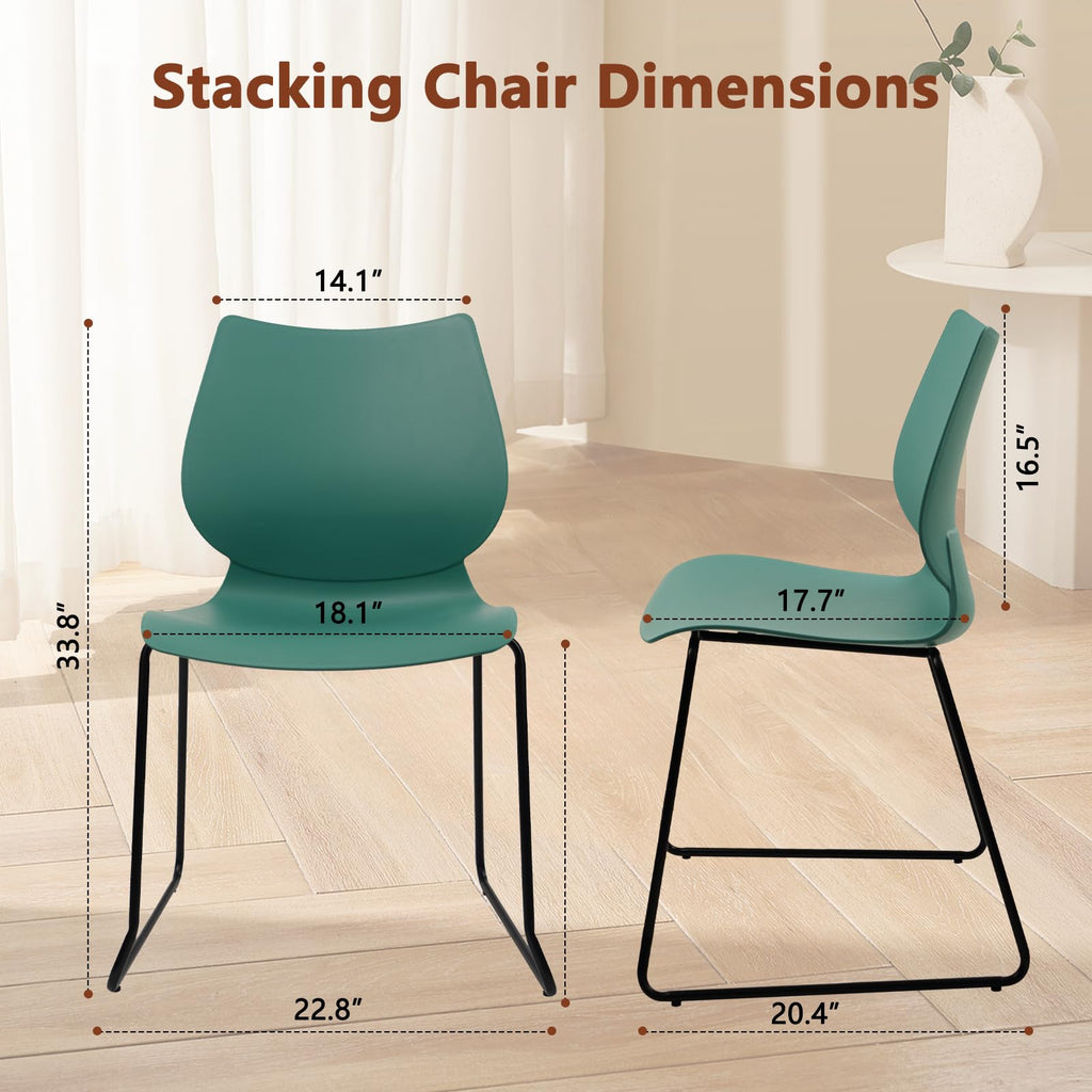 Set of 4, Stackable Waiting Room Chair, Stacking Office Chair with Ergonomic Lumbar Support and Metal Legs, Plastic Desk Chairs for Conference School Church Guest Reception, Green