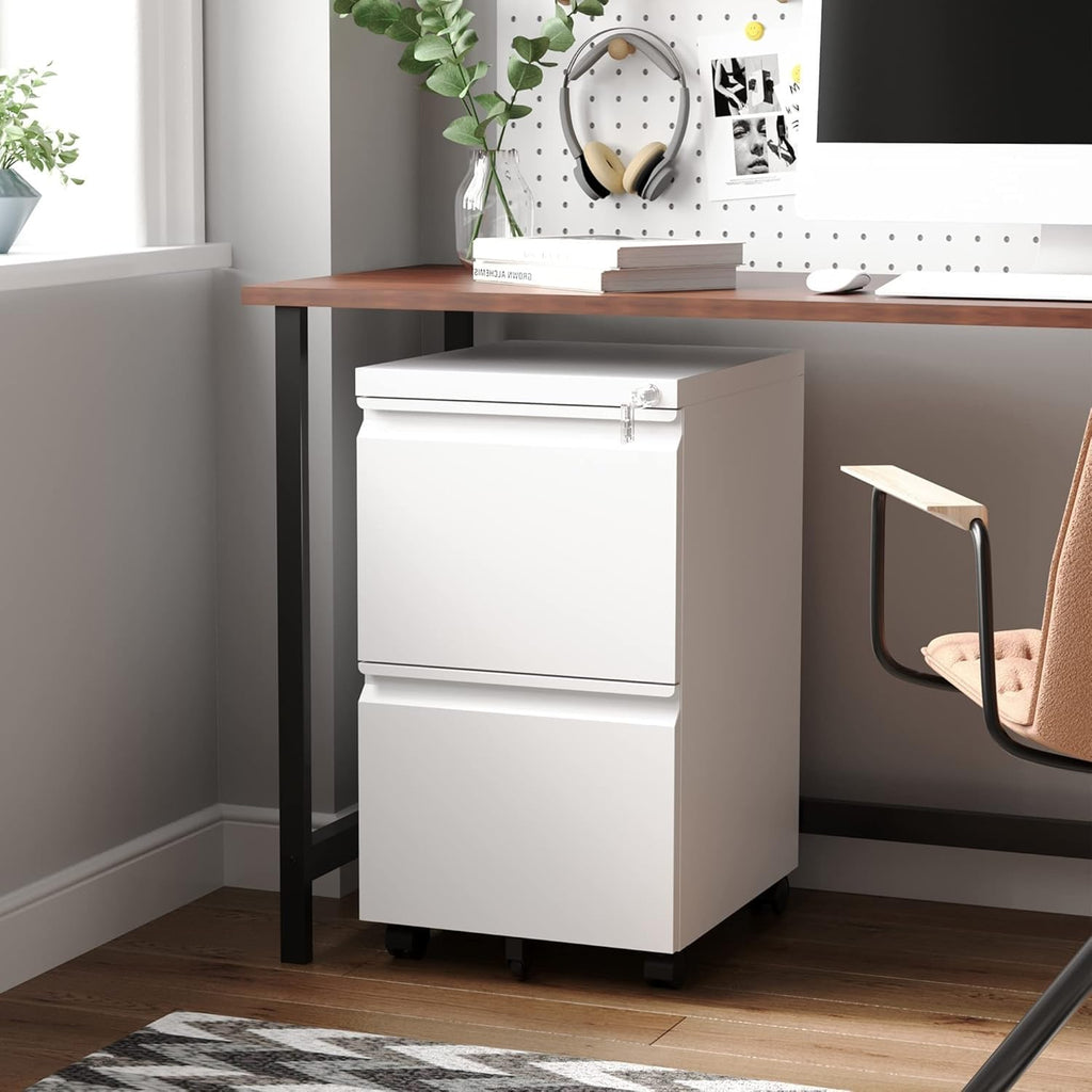 2 Drawer Mobile File Cabinet with Lock,Under Desk Metal Filing Cabinets for Home Office Organizer Letters/Legal/A4(Fully Assembled-White)