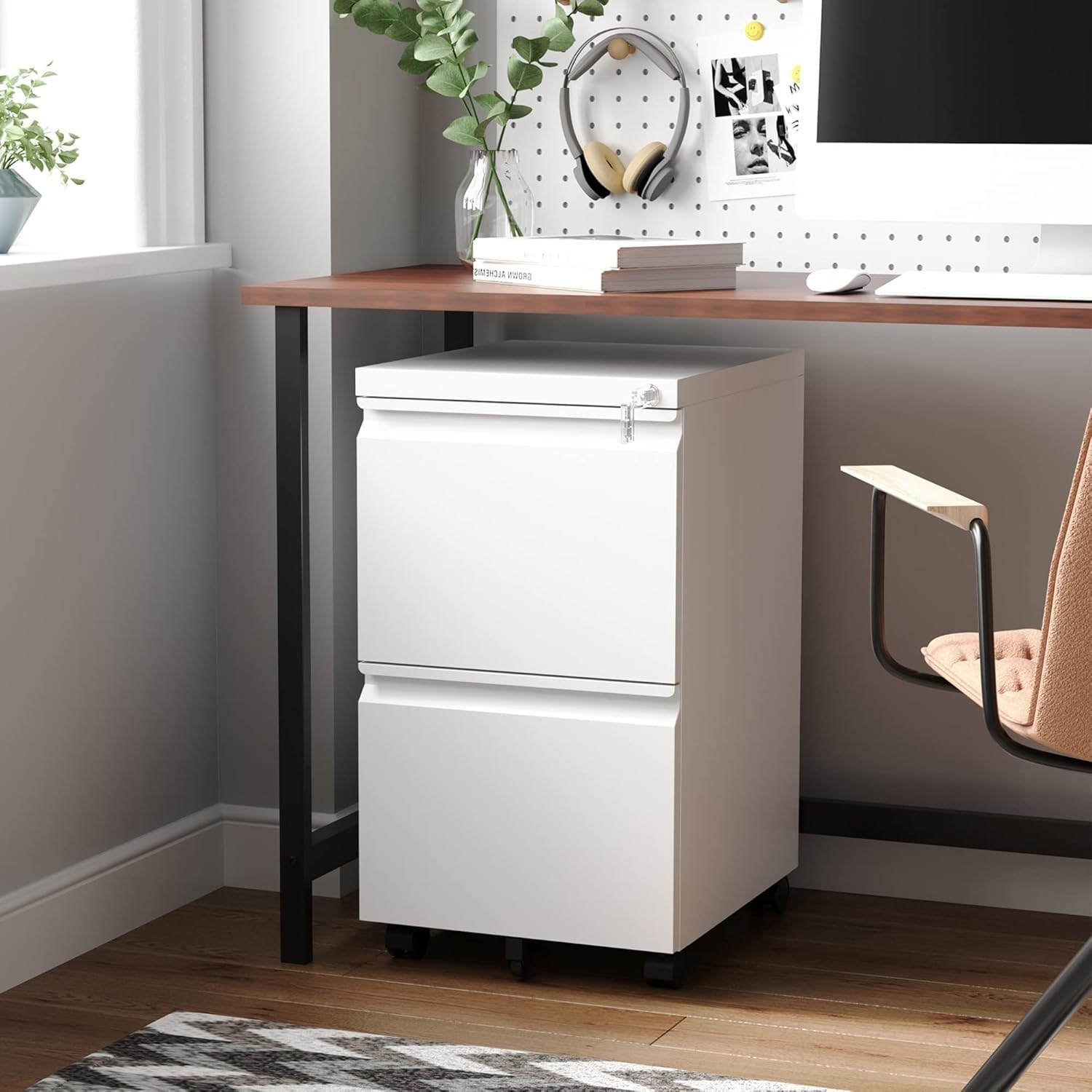 2 Drawer Mobile File Cabinet with Lock,Under Desk Metal Filing Cabinets for Home Office Organizer Letters/Legal/A4(Fully Assembled-White)
