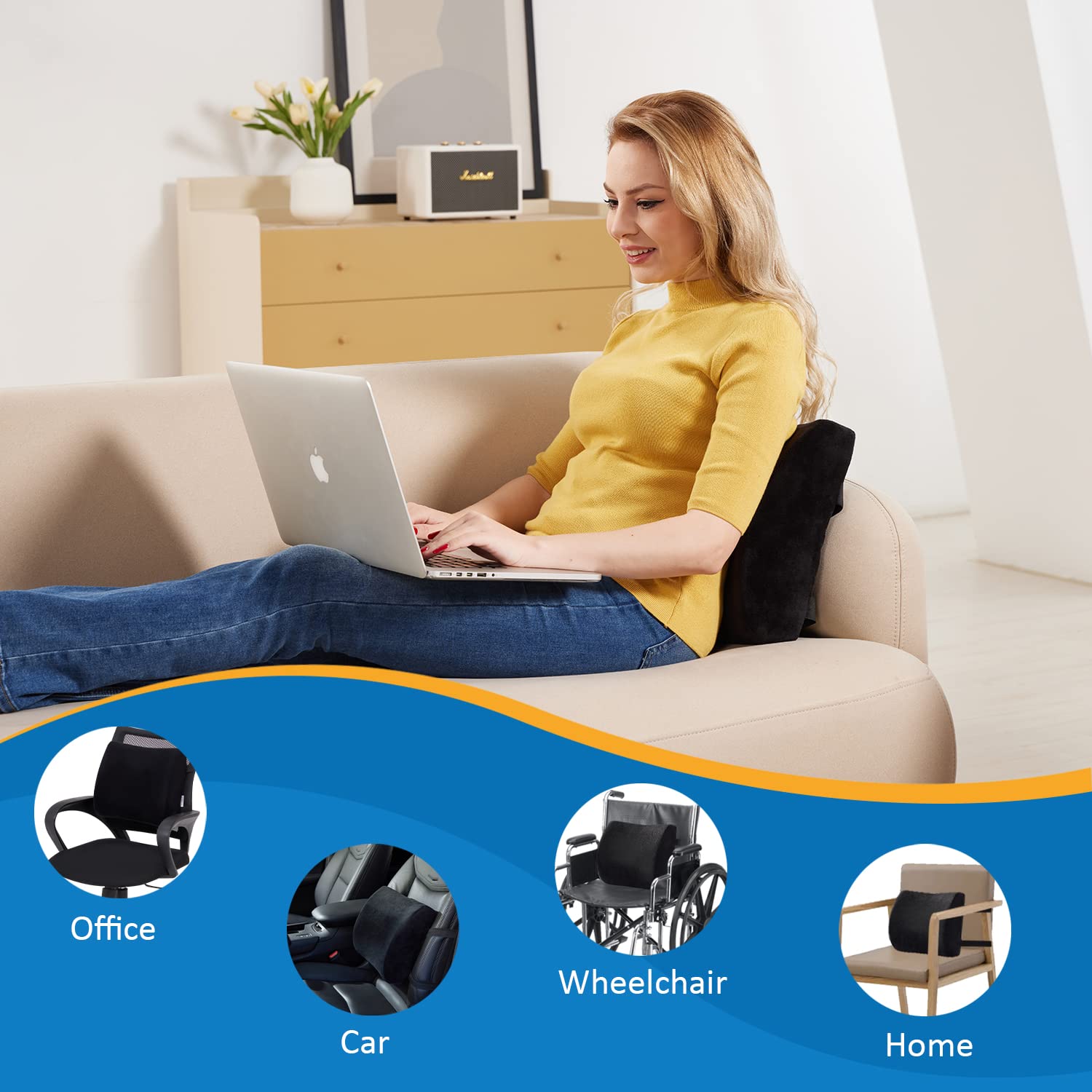Comfortable Lumbar Support Pillow for Office Chair, Memory Foam Back Support Pillows for Car、Gaming Chair、 Home Chair, Back Pain Relief Improve Posture, Double Adjustable Straps(Black)