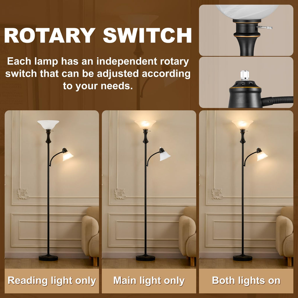 Torchiere Floor Lamp with Adjustable Angle Reading Lamp-Black 71IN