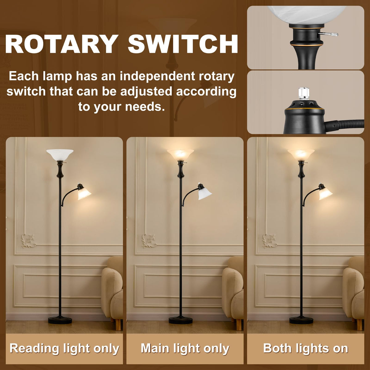 Torchiere Floor Lamp with Adjustable Angle Reading Lamp-Black 71IN