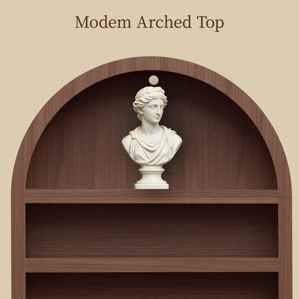 Book Shelf 70" Tall Bookcase with Drawer, 7-Tier Arched Cabinet with Storage and Fluted Door, Mid-Century Modern Modular Arch Bookshelf for Office Living Room Bedroom Library (Walnut, 2)