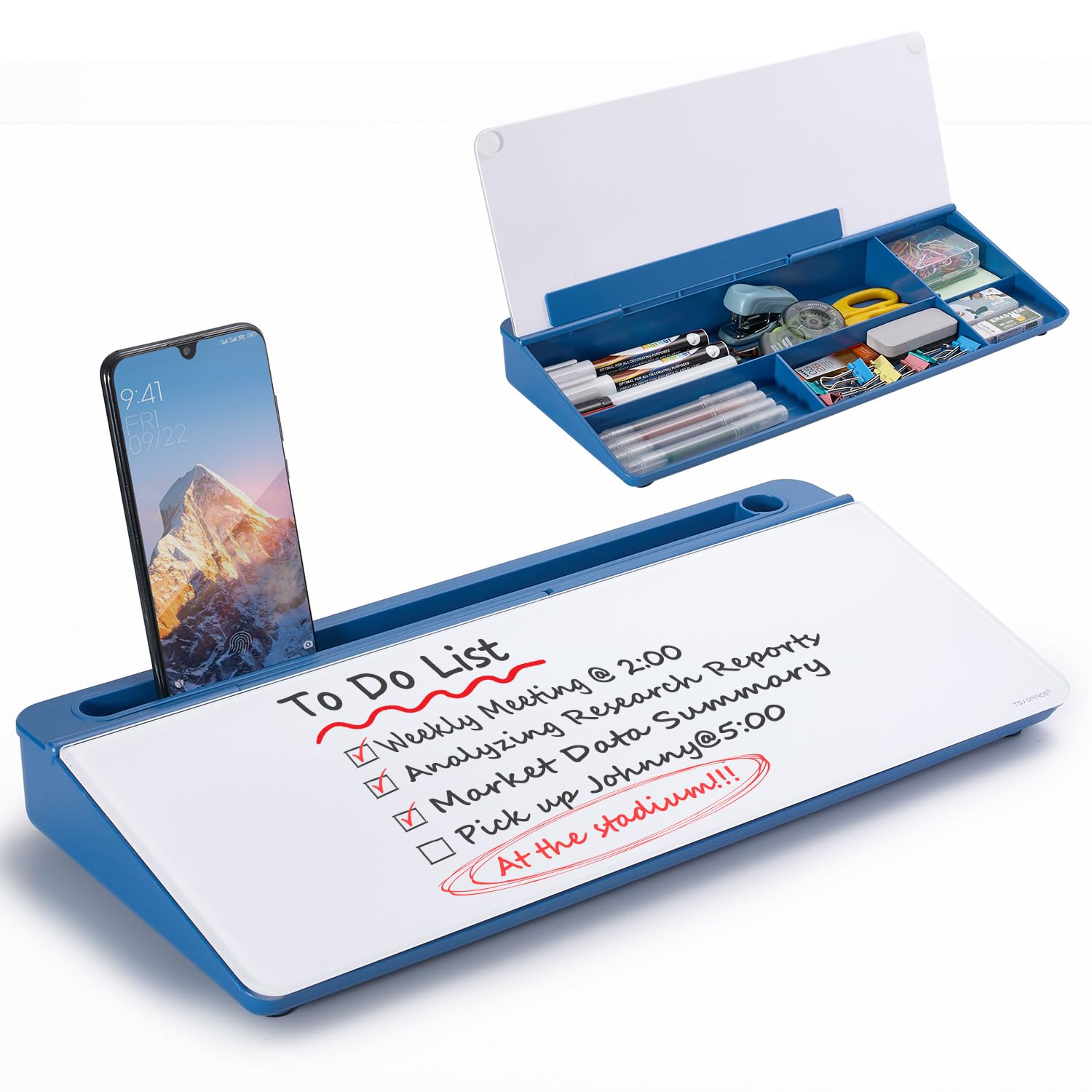 Desktop Whiteboard Dry-Erase-Board - Computer Keyboard Stand White Board Surface Pad with Drawer, Desk Organizers with Accessories for Office, Home, School Supplies - Blue
