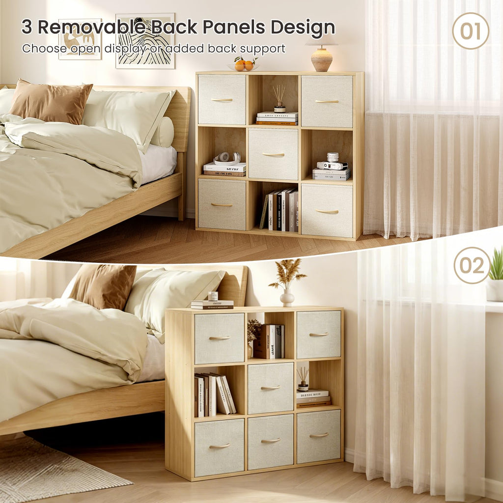 9 Cube Storage Organizer - Solid Wood Bookshelf with 5 Storage Bins, Cube Shelf with 3 Removable Back Panels, Vertical or Horizontal Bookcase, Open Book Shelf for Bedroom, Living Room, Office