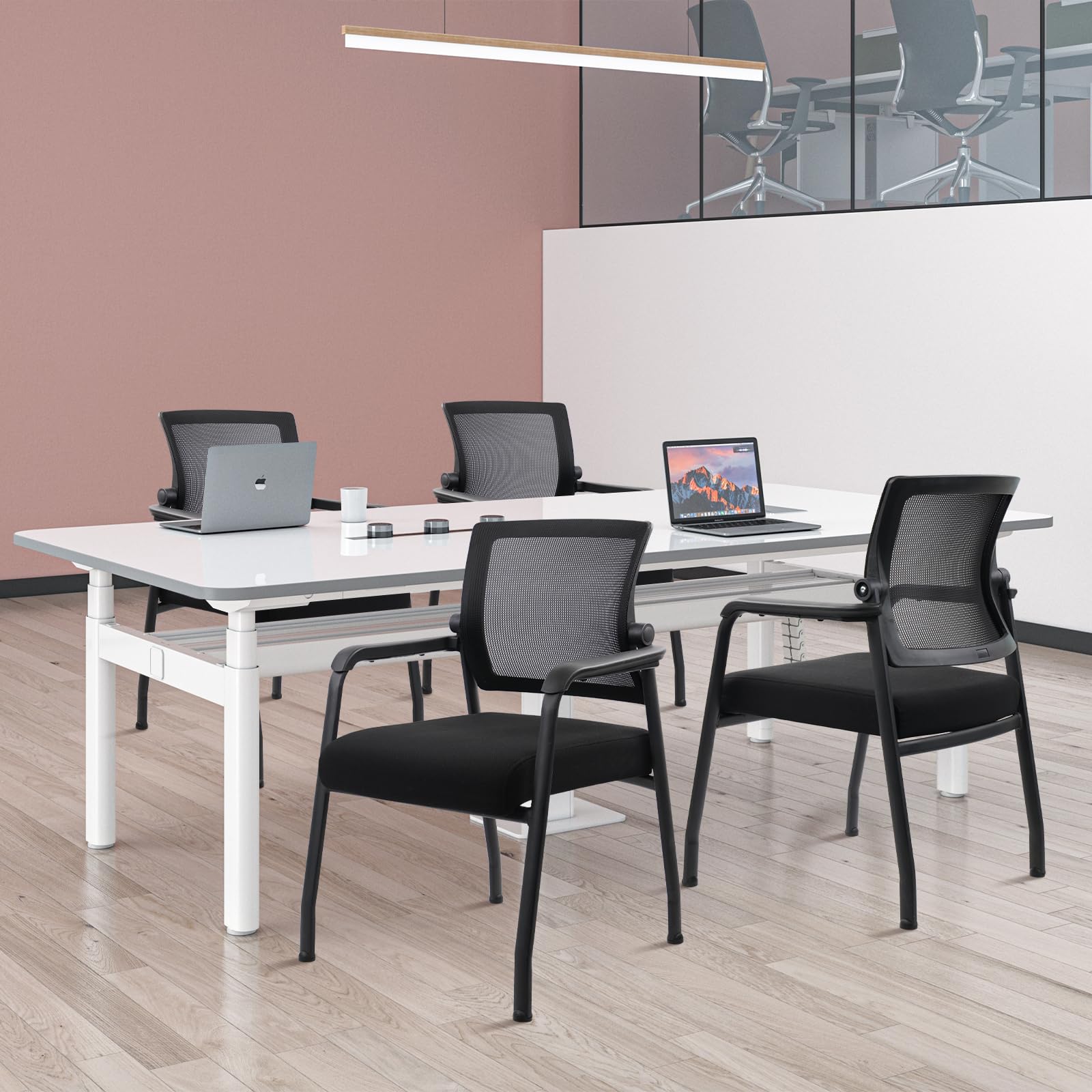 4PACK, Desk Chair No Wheels with Adjustable Mesh Backrest, Arm Chair with Ergonomic Lumbar Support and Thickened Seats Cushion, Waiting Room Chairs for Office School Church Guest Reception,