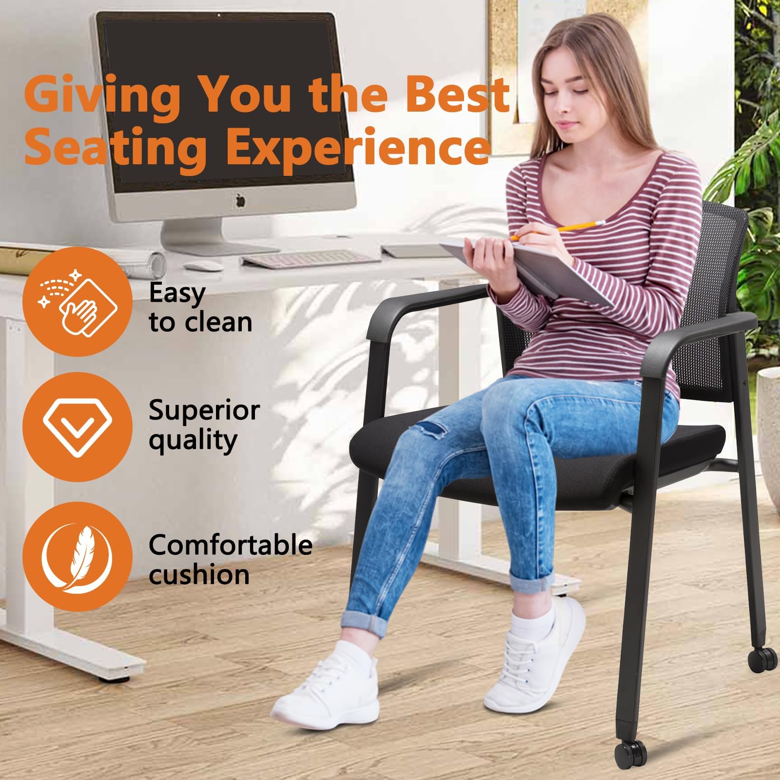 8PK, Mesh Back Guest Reception Arm Chairs with Wheels, Waiting Room Chairs with Upholstered Fabric Seat and Ergonomic Lumbar Support for Office,