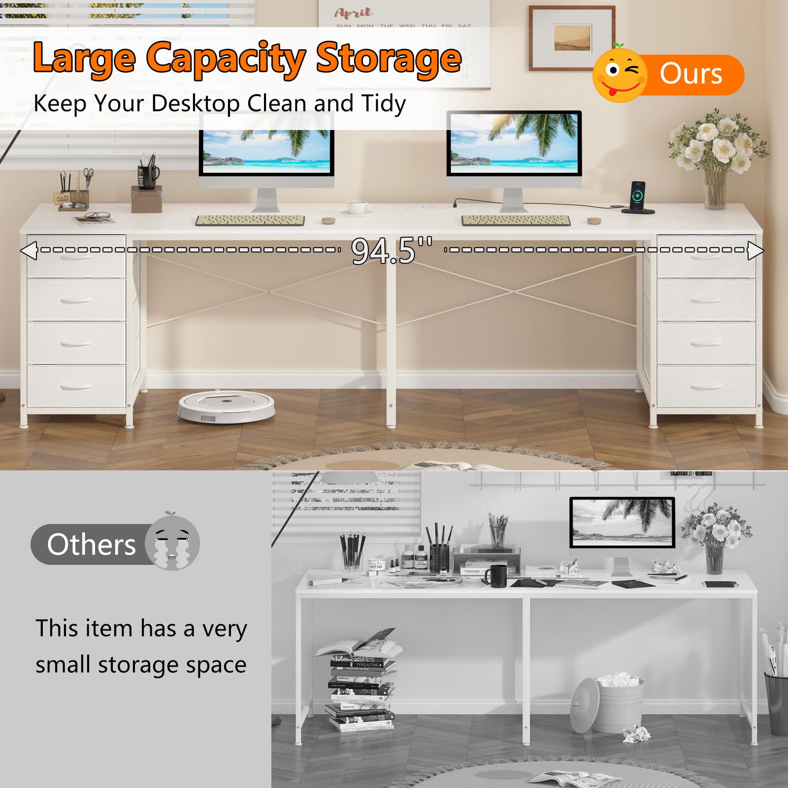 95'' Two Person Desk with 8 Drawers, Long Computer Desk with Charging Station, 2 Person Desks Double Desk Writing Study Table for Home Office, White