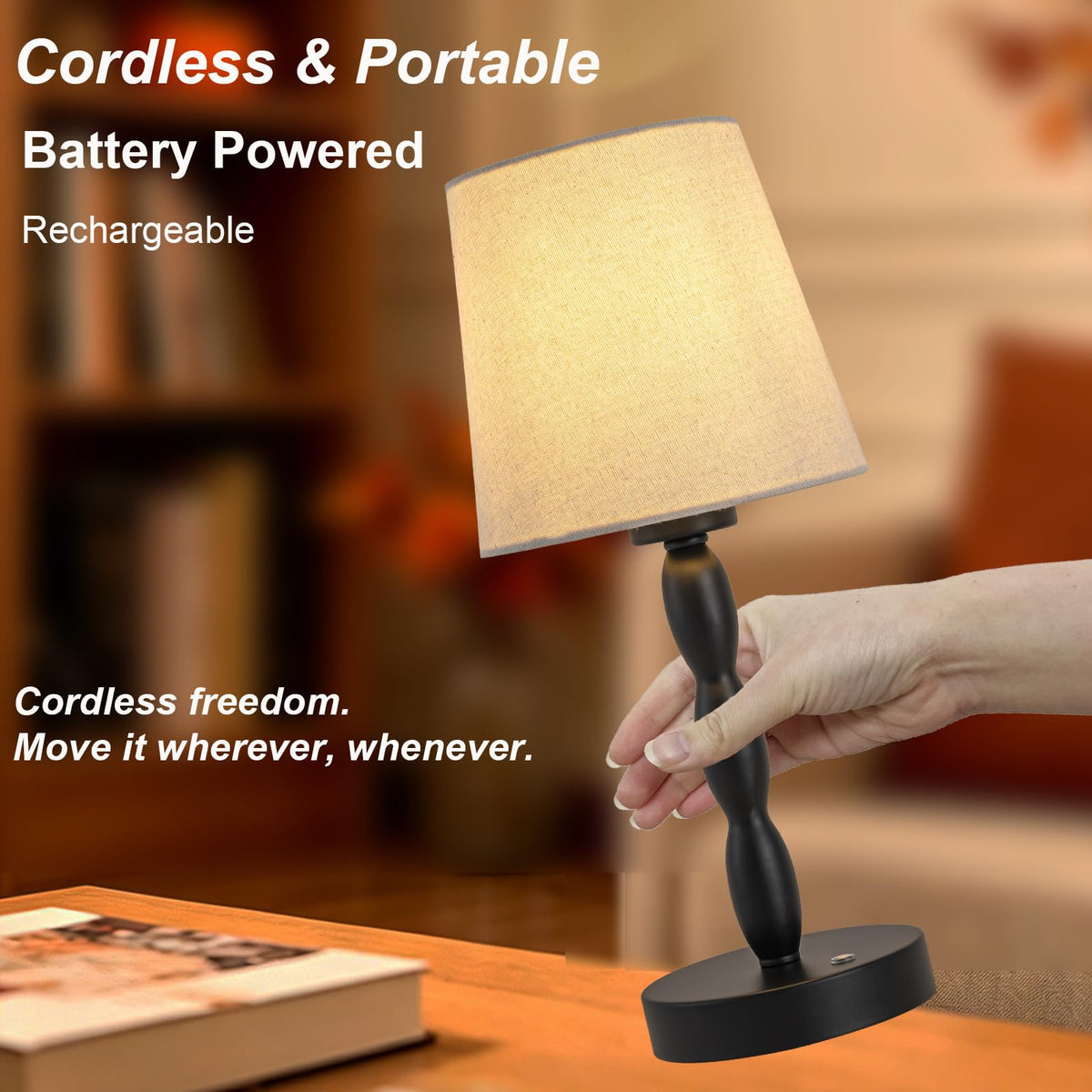 Rechargeable Cordless Table Lamp, 5000mAh Battery Powered Touch Desk Lamp, 3-Level & Stepless Dimmable Night Light, Portable Bedside Lamp for Bedroom, Outdoor, Bulb Included, Black