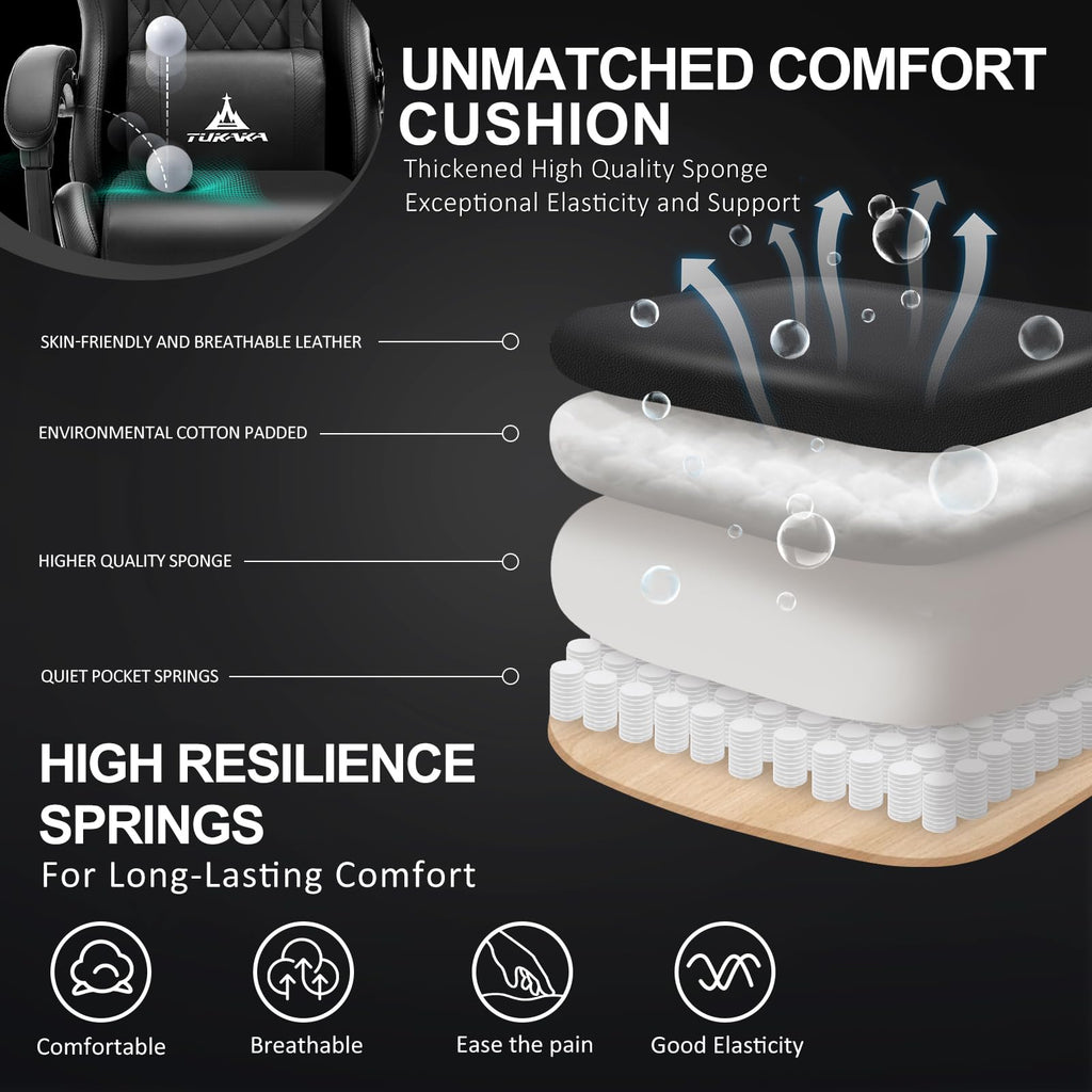 Gaming Chair,Ergonomic Massage Computer Office Desk Chair with Footrest,Pocket Spring Cushion,Reclining Leather Adjustable Gamer Chair with Headrest and Lumbar Support,Black
