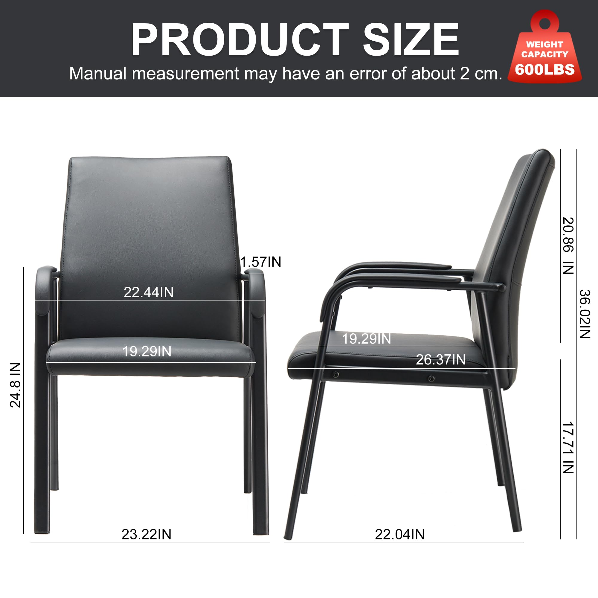 2 Pack Office Guest Reception Chair 600 lbs Capacity Leather Conference Room Chairs with Padded Armrests No Wheels Desk Chair Black