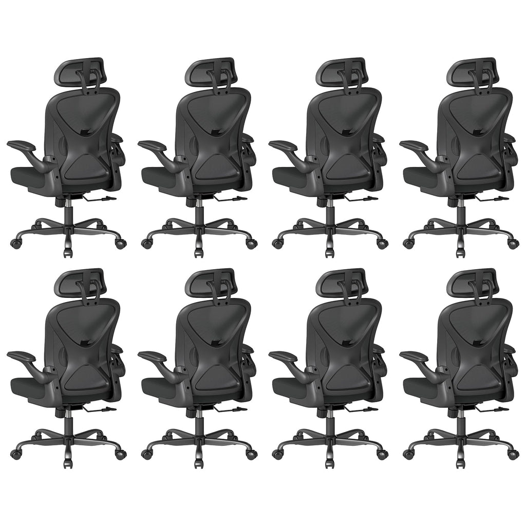 Ergonomic Office Chair Set of 8, with Adjustable Lumbar Support, Mesh Fabric Home Office Chair with Headrest, 360° Swivel and Flip-Up Armrests, Black